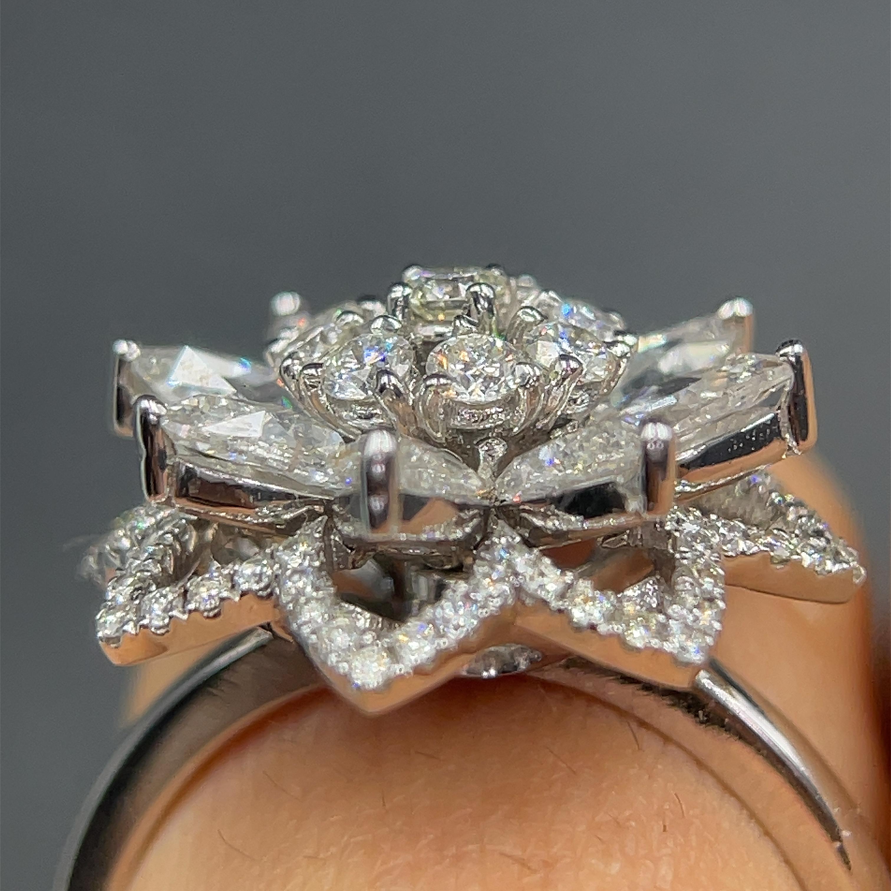 The Lilotus Ring - 1.45 Carat Rose Cut 0.43 Carat Round Diamond 18K White Gold For Sale 2