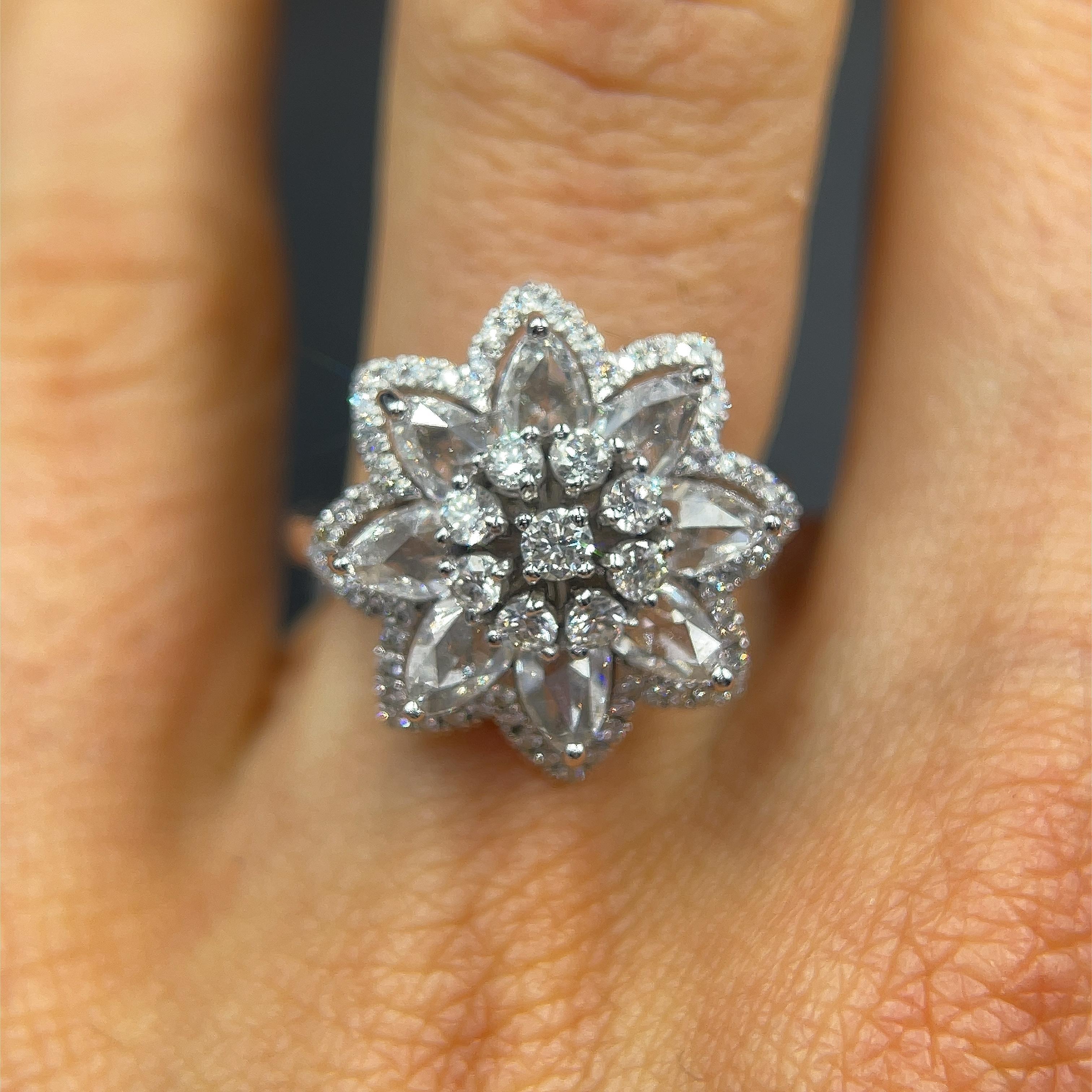 The Lilotus Ring - 1.45 Carat Rose Cut 0.43 Carat Round Diamond 18K White Gold For Sale 3