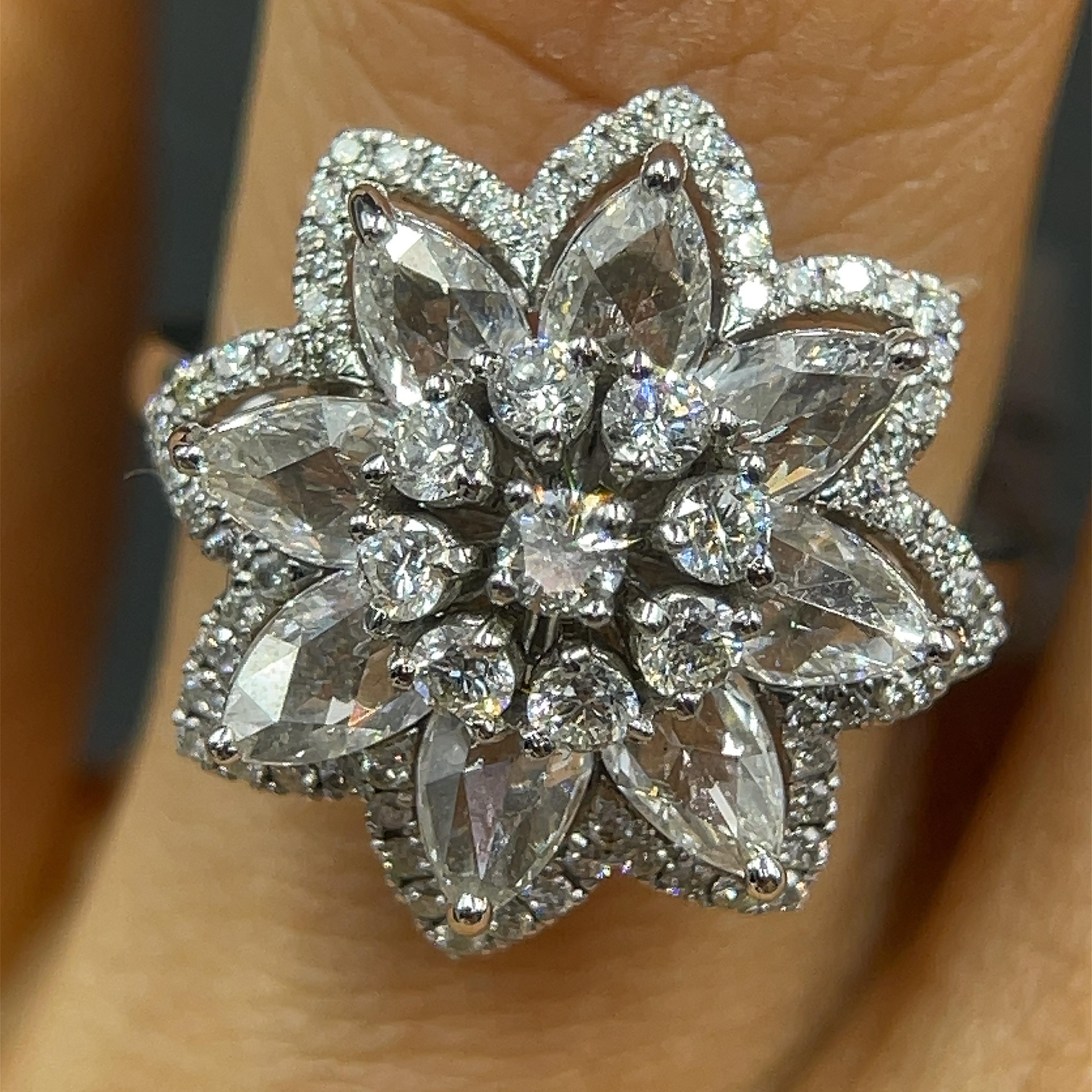 The Lilotus Ring - 1.45 Carat Rose Cut 0.43 Carat Round Diamond 18K White Gold For Sale 4