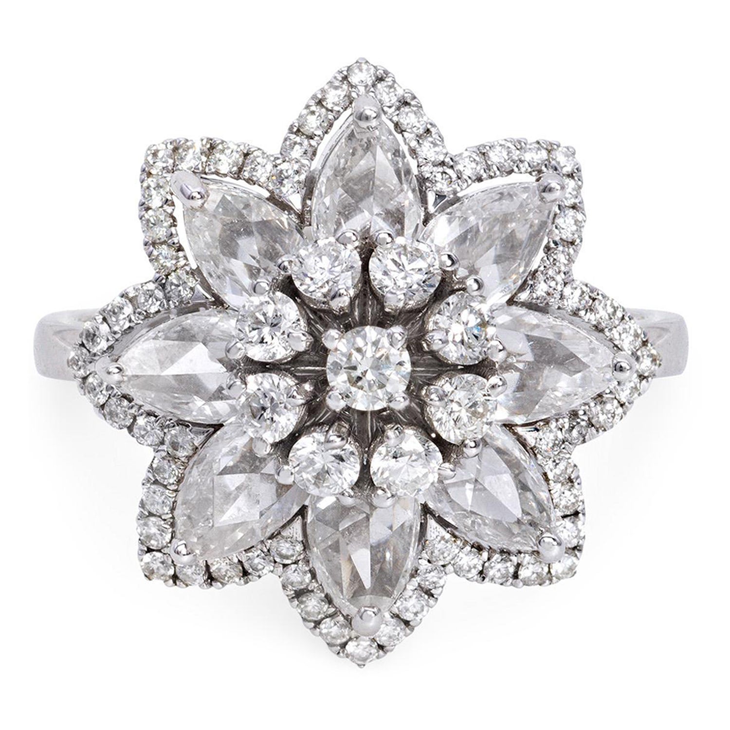 The Lilotus Ring - 1.45 Carat Rose Cut 0.43 Carat Round Diamond 18K White Gold For Sale