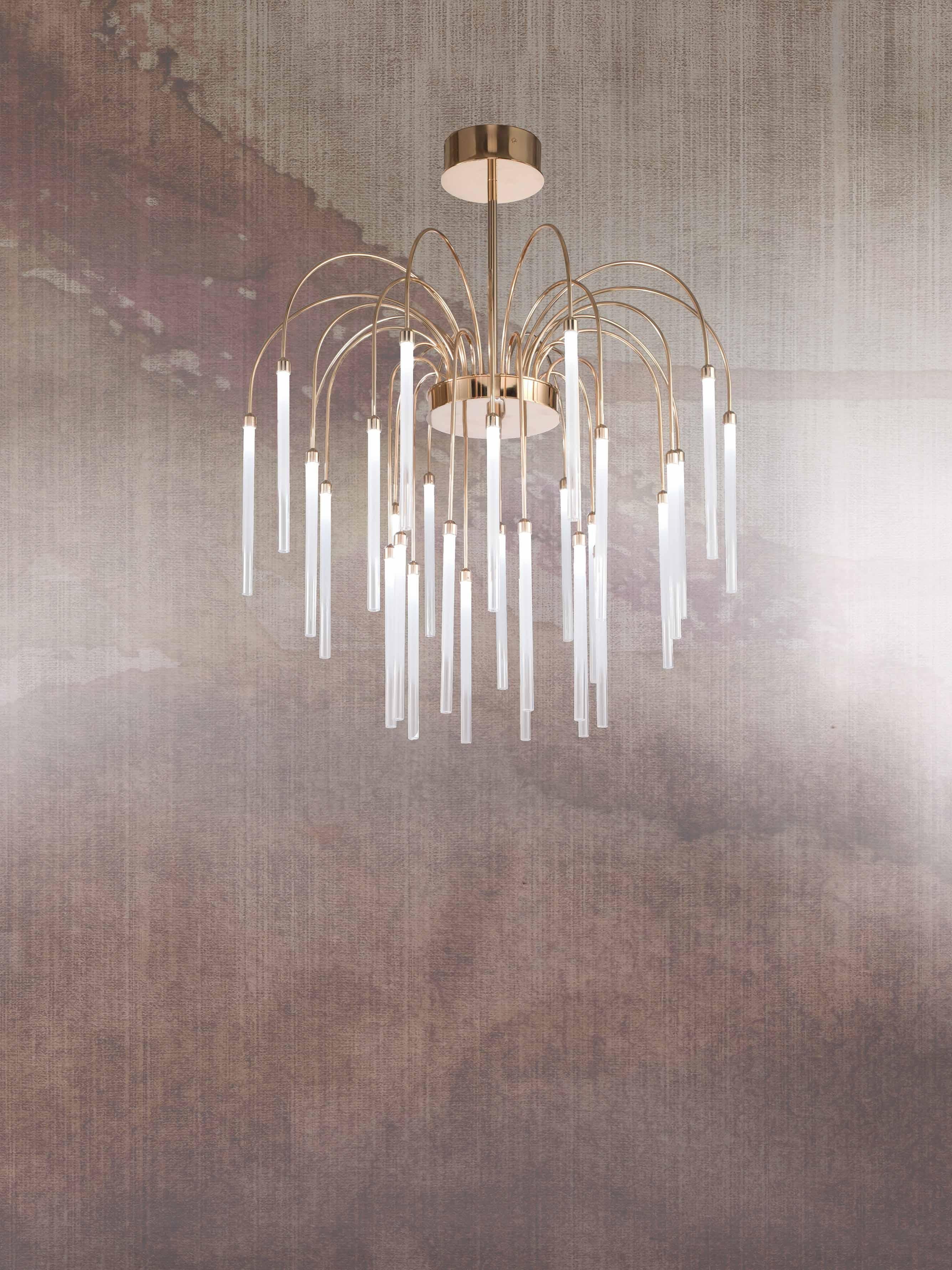 The Line Ceiling Lamp, 21501, by Stillux Illuminazione
Dimensions: D 74 x H 87 cm.
Materials: Steel, iron, brass, glass, gold plated.

Available in nickel, chrome, satin nickel, black nickel, copper plated, shadow gold, gold plated, satin brass, or