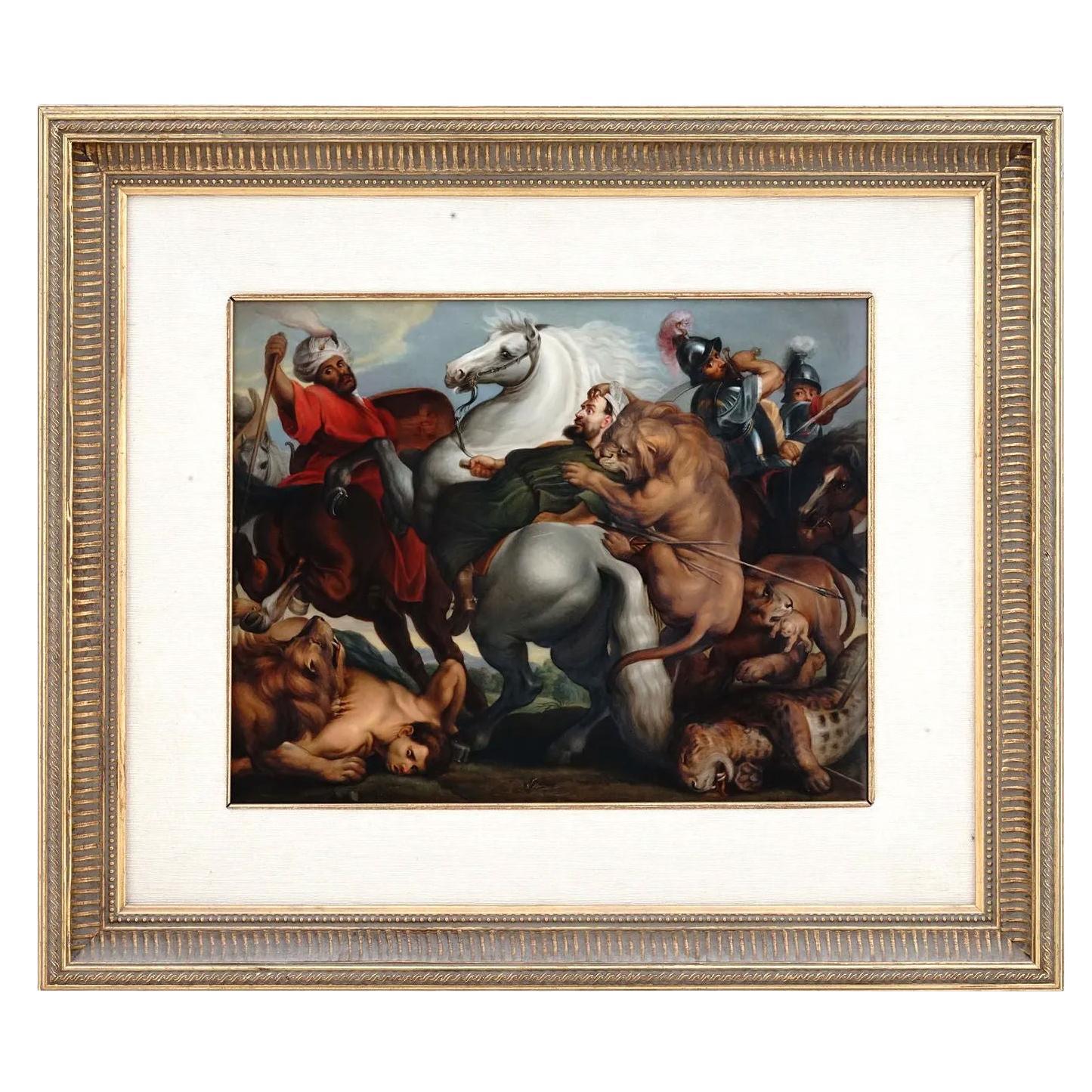 Lion Hunt After Rubens KPM Porcelain Plaque For Sale