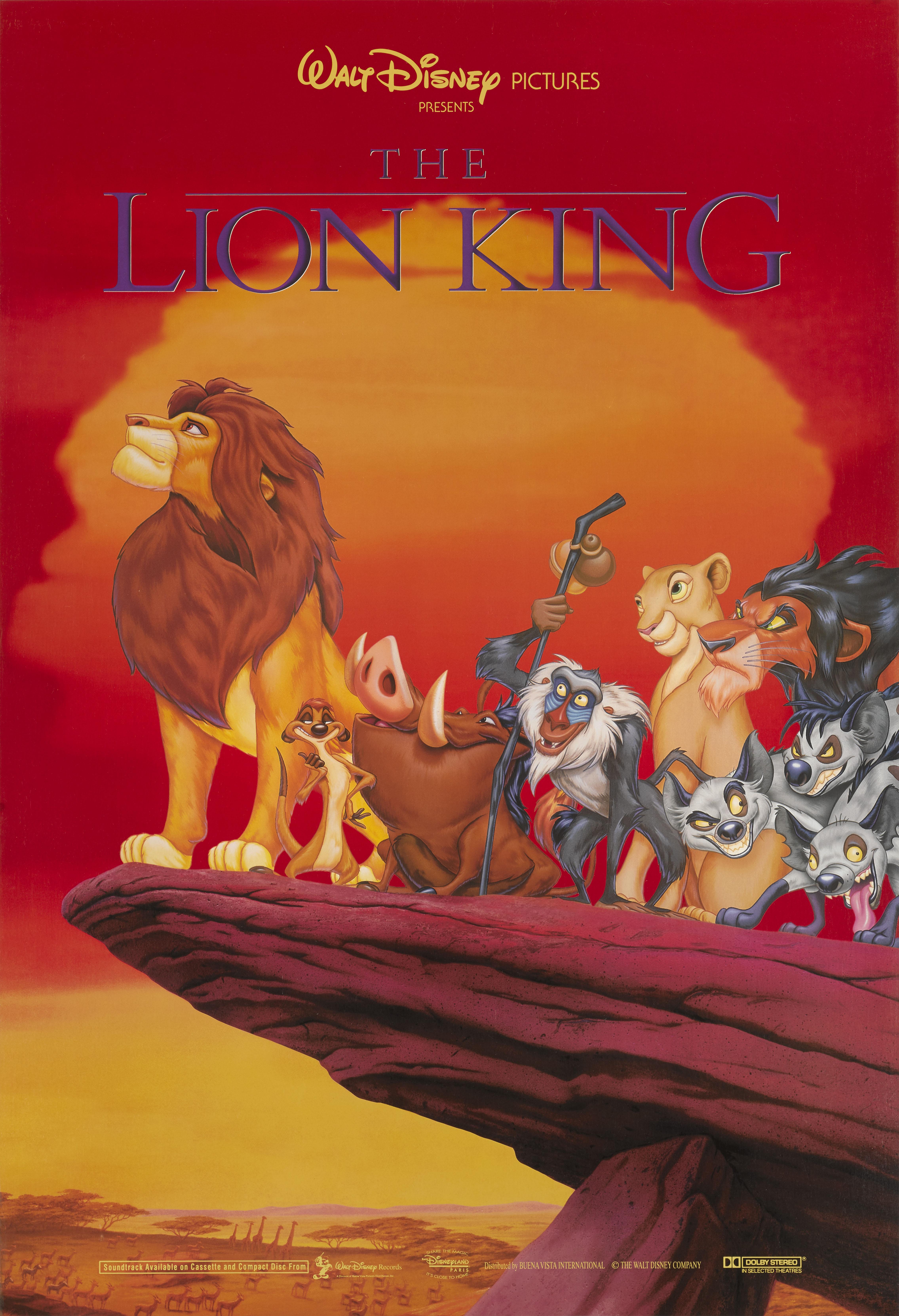 Original US International style film poster for the 1994 animation The Lion King. This animated musical was directed by Roger Allers and Rob Minkoff. The songs were composed by Elton John and lyrics written by Tim Rice, with a score by Hans Zimmer.