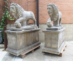 The Lions of Florence, Monumental Pair of Italian Carved Limestone Medici Lions