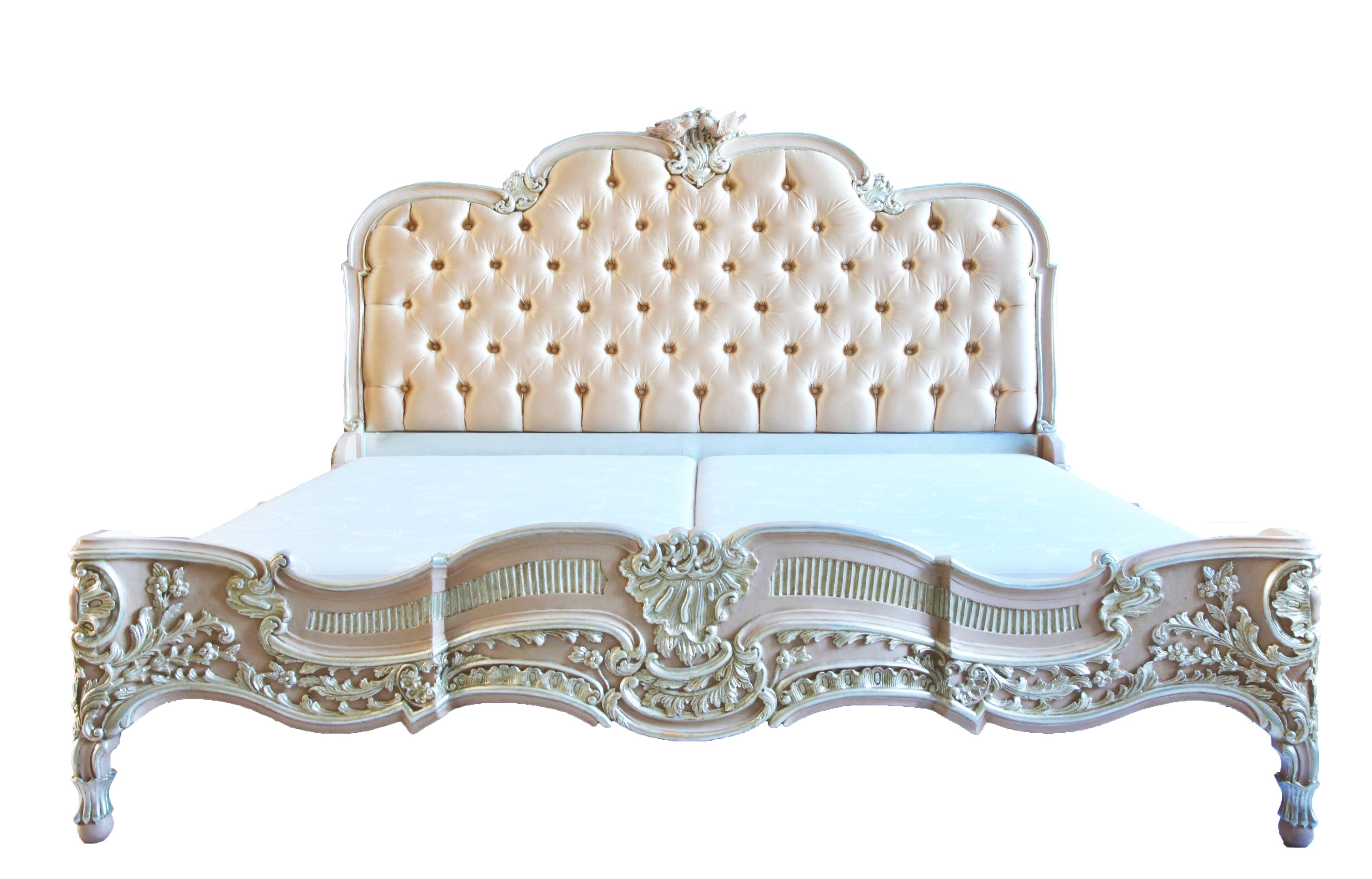The Lit De Marriage Bed, hand carved in the Louis XV style has been modelled after one of our original pieces from the 1800s which was made in the French tradition of having a piece made to offer as a wedding present. Symbolic references to the