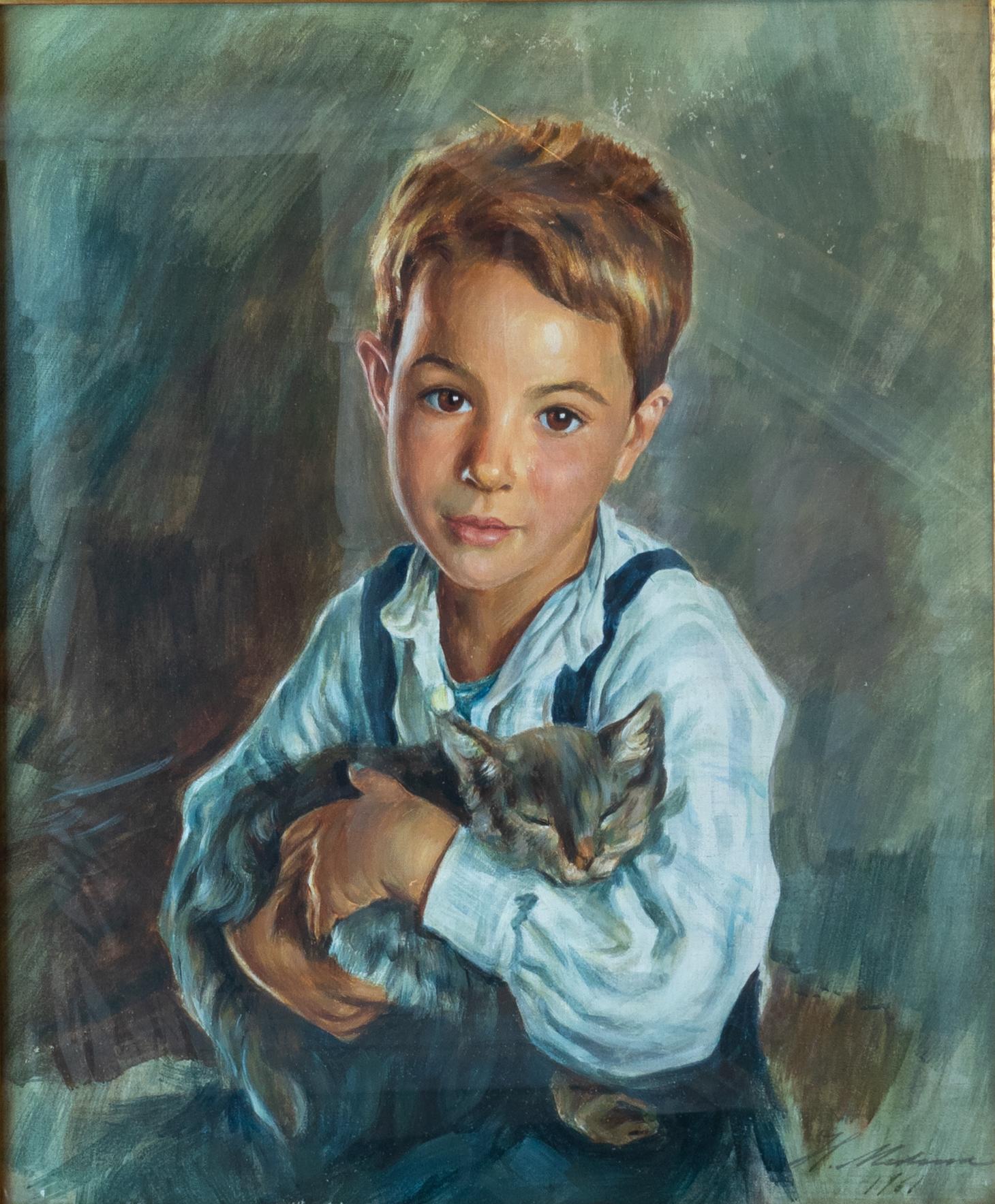 The Little Boy With the Cat by Henrique Medina, 1961, Portugal For Sale 1
