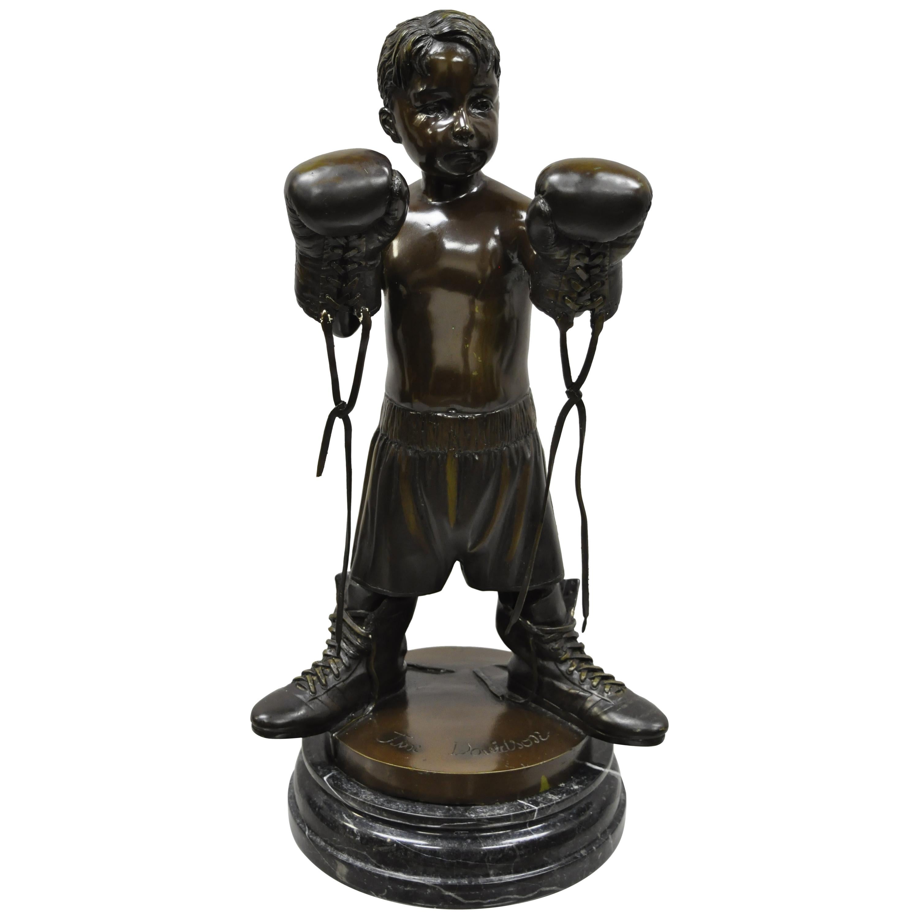 "The Little Champ" Bronze Marble Boy Boxer Statue Sculpture Signed Jim Davidson