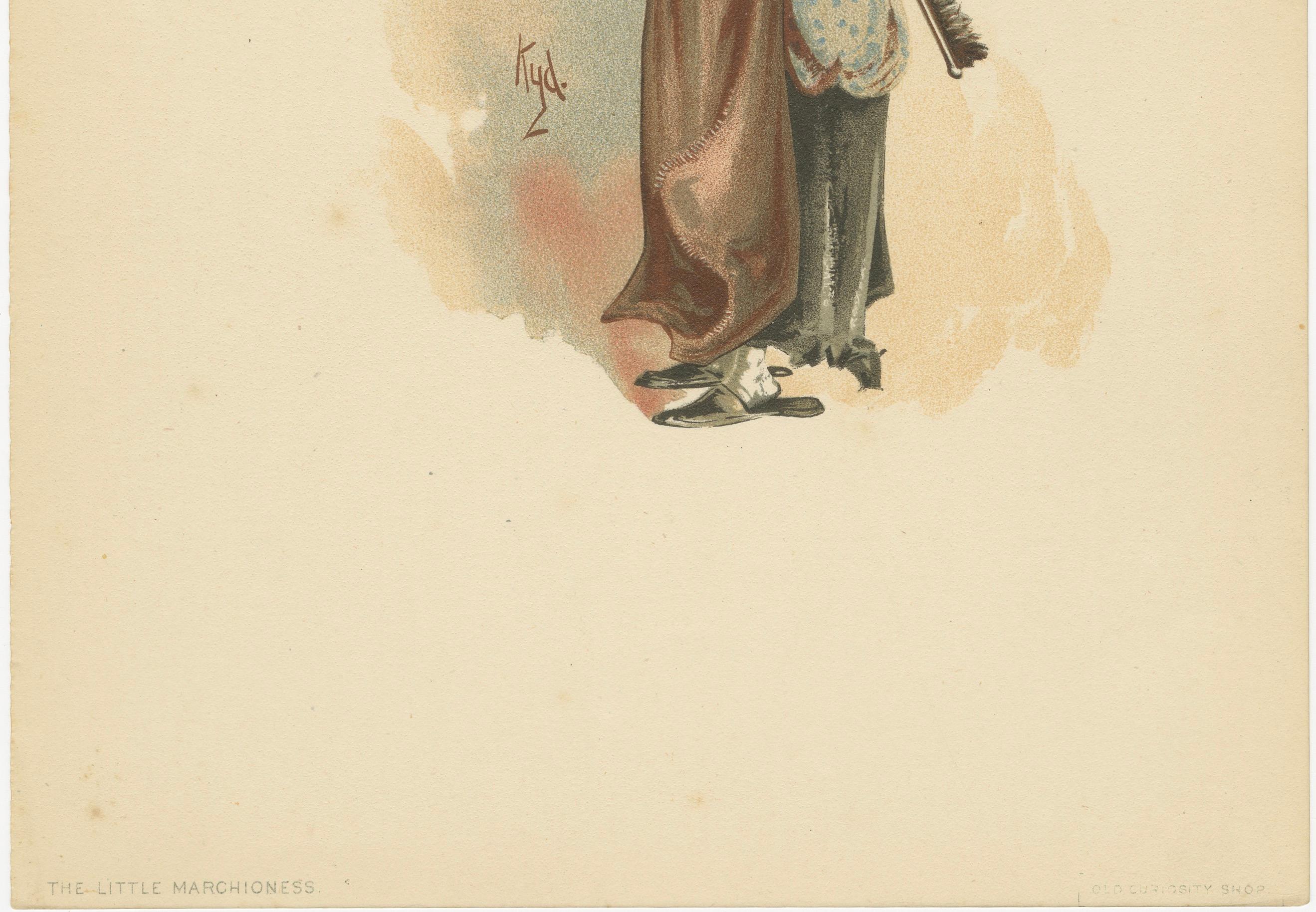 Die kleine Marchioness aus dem alten Kuriositätenladen - Kyd-Figurendruck nach Dickens, ca. 1889

Diese Original-Chromolithographie zeigt die Figur der kleinen Marchioness aus Charles Dickens' Roman *The Old Curiosity Shop*, der erstmals 1840-41