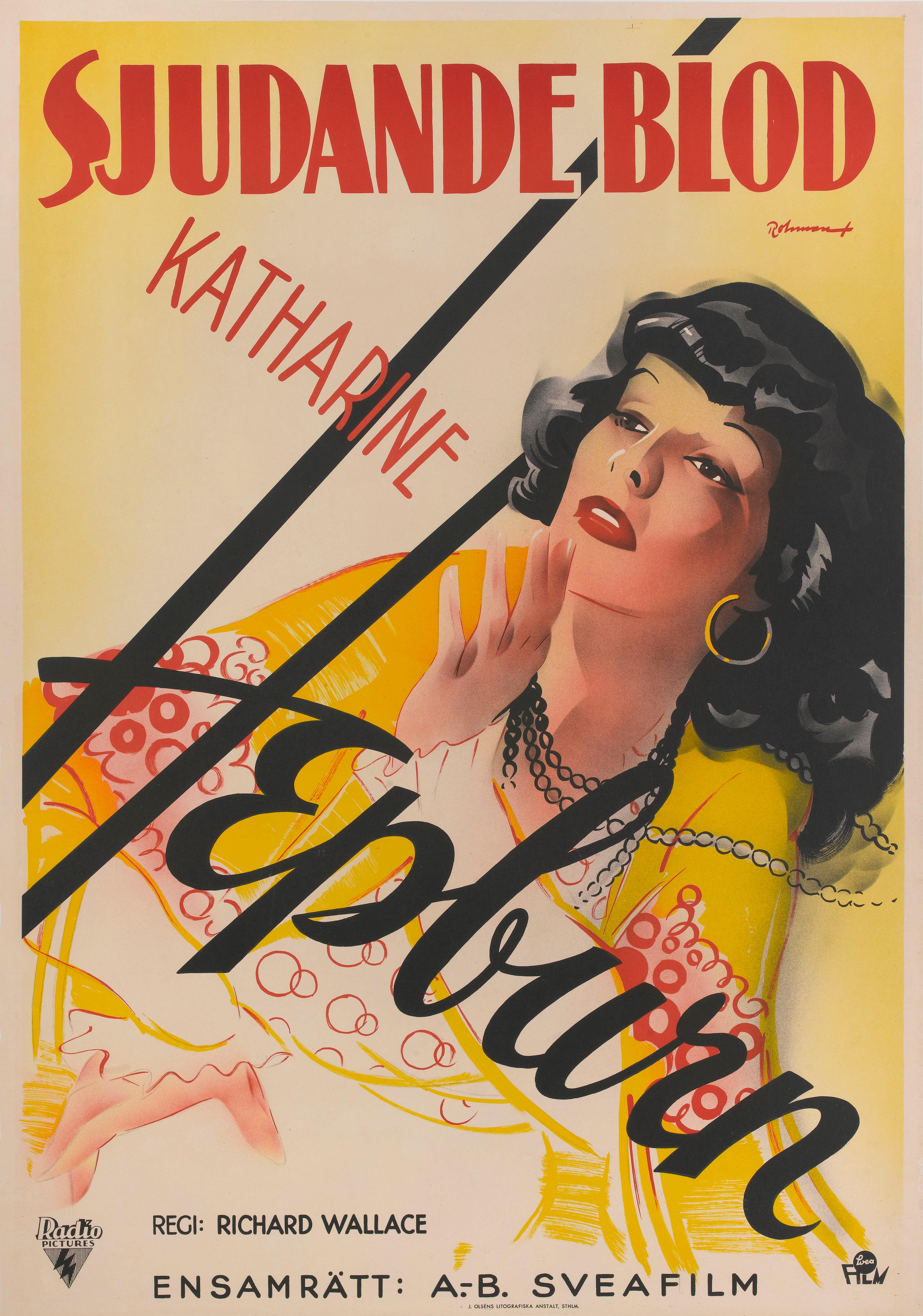 Original Swedish film poster for American drama romance film The Little Minister 1934.
The film was directed by Richard Wallace starred Katherine Hepburn.
This beautiful Swedish poster was created by Eric Rohman (1891-1949) for the films first
