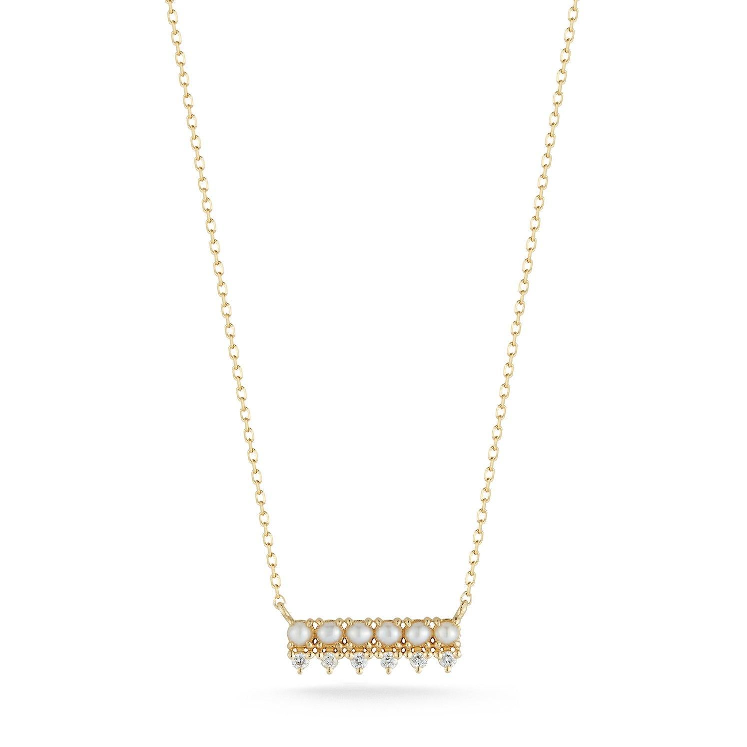 Modern Little Things Pearl and Diamond Horizontal Bar Necklace For Sale