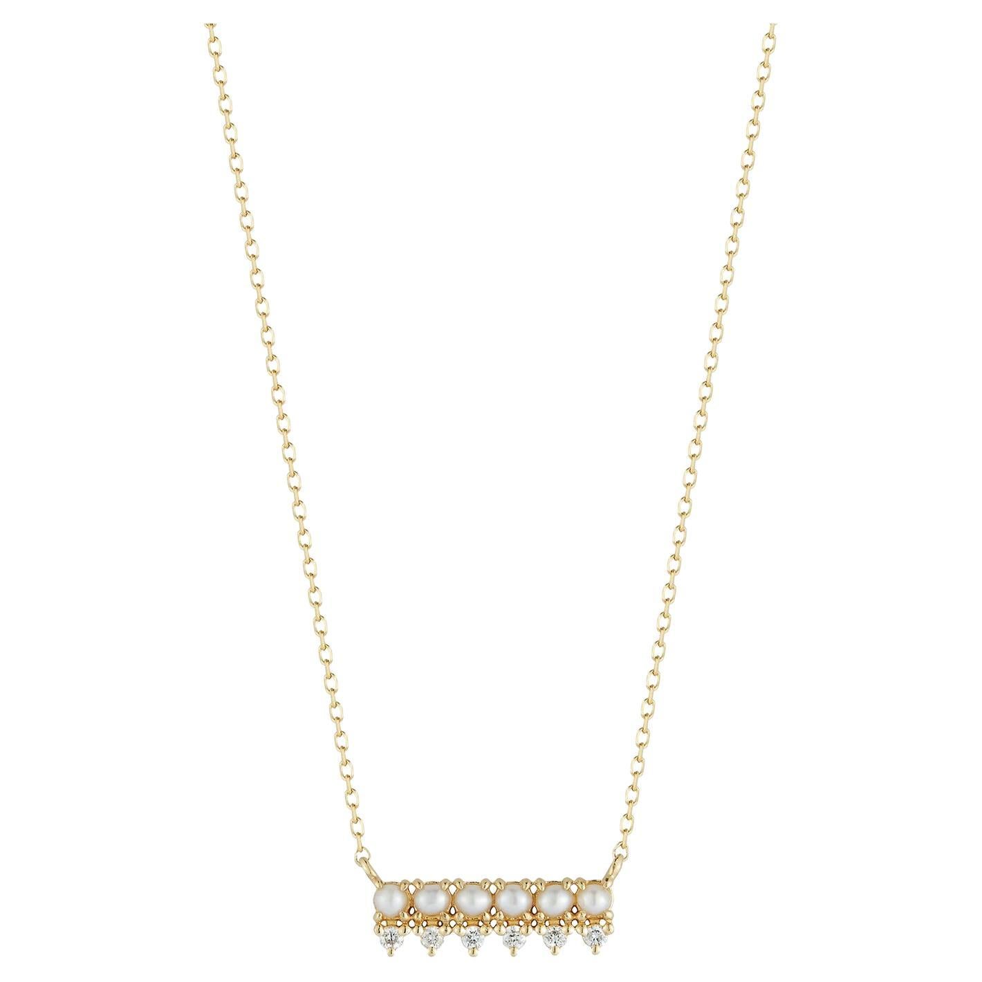 Little Things Pearl and Diamond Horizontal Bar Necklace For Sale