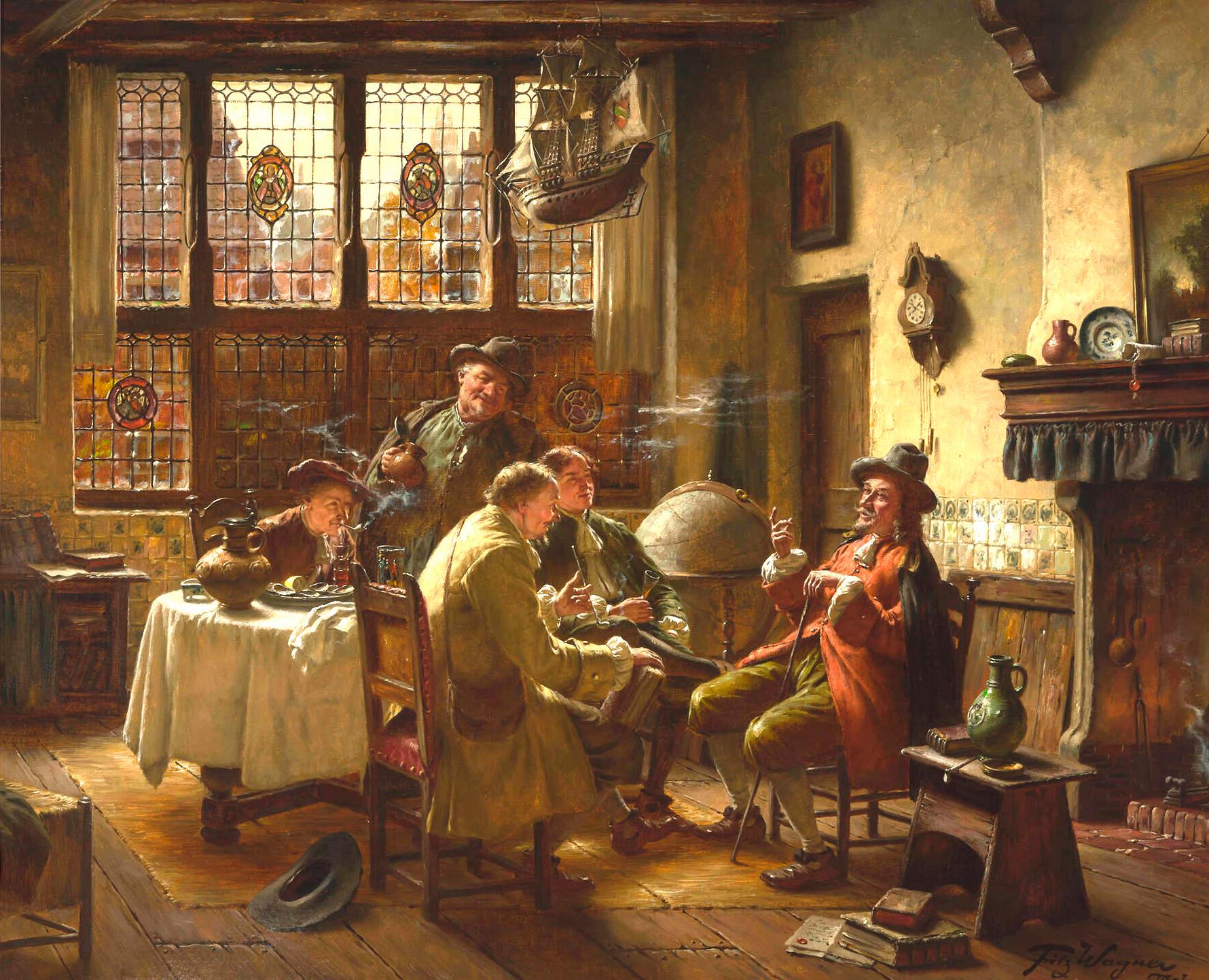 Oil on canvas painting of group of gentlemen telling tales at the pub by German artist Fritz Wagner.  The painting is signed in the lower right corner and presented in a period frame measuring 32