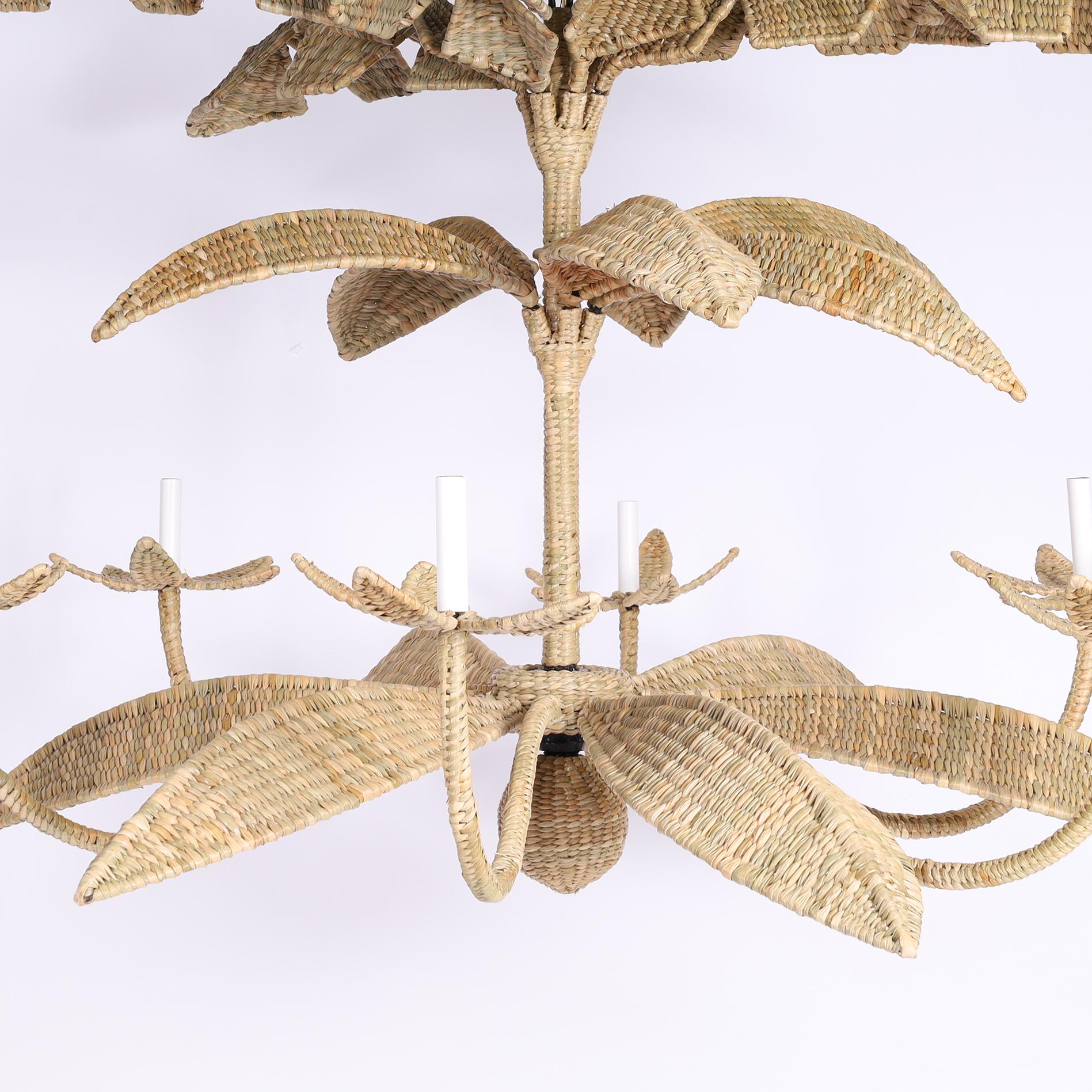 The Lola Wicker Palm Leaf Chandelier from the FS Flores Collection In Good Condition For Sale In Palm Beach, FL