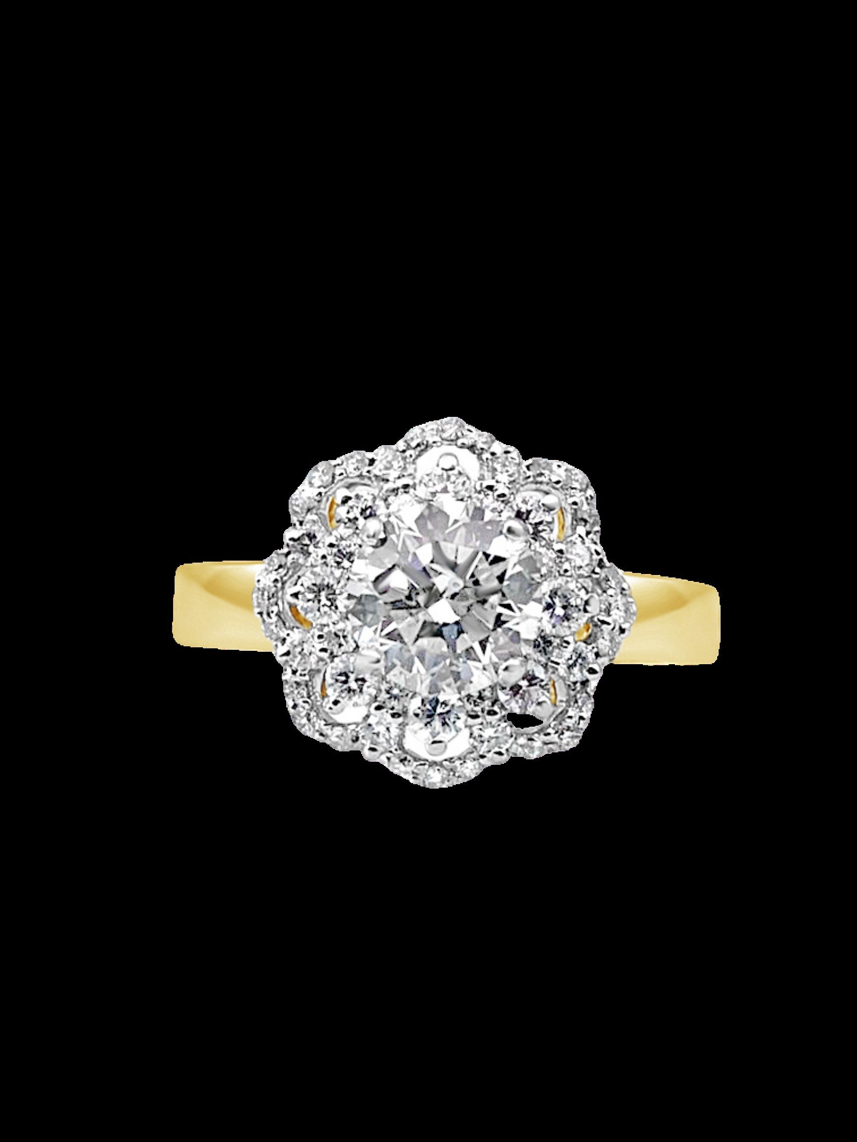 Der Lona-Diamantring besteht aus einem 1,03-karätigen Solitär-Diamant in der Mitte, umgeben von einem diamantbesetzten Goldband aus 18 Karat Gelbgold. Ein schöner Akzentring, zart und doch schillernd, oder der ganz besondere Verlobungsring für die