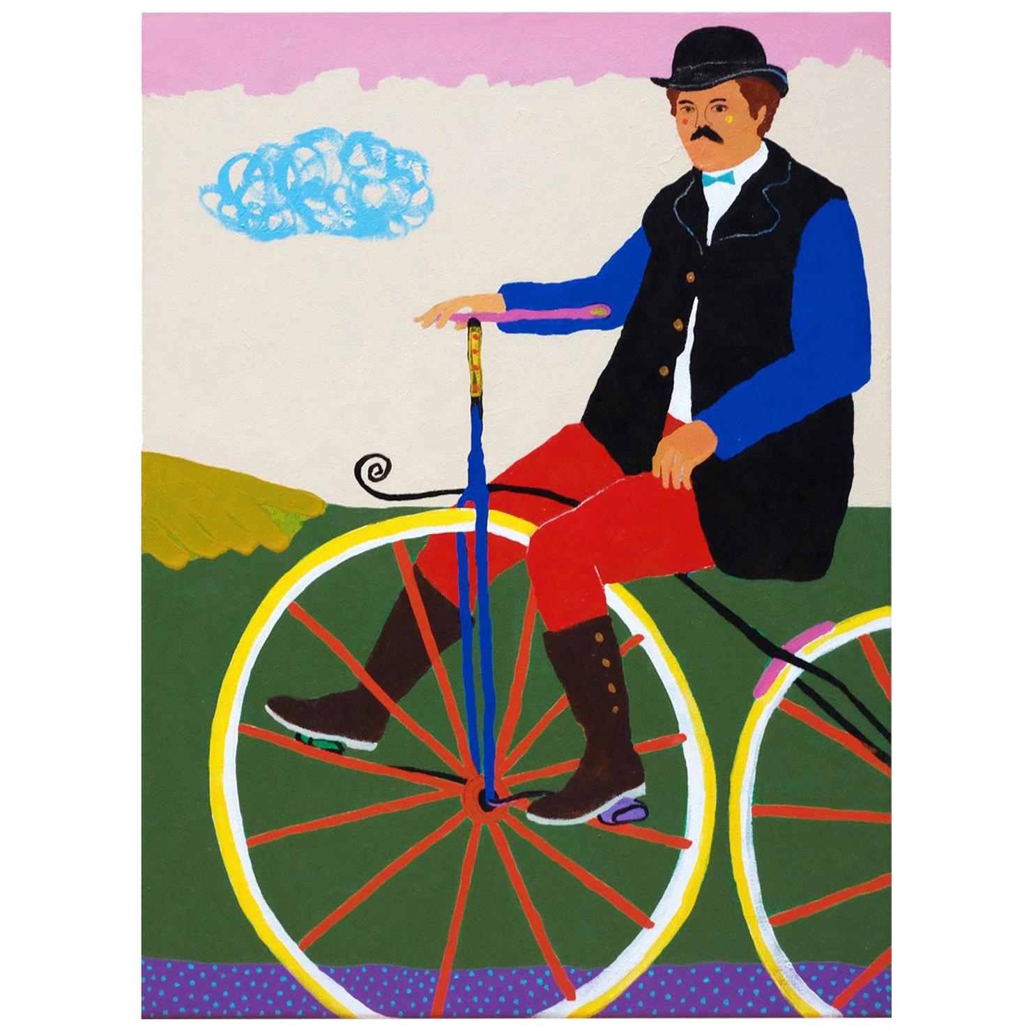 'The Long Way Home' Portrait Painting by Alan Fears, Bicycle Penny Farthing For Sale