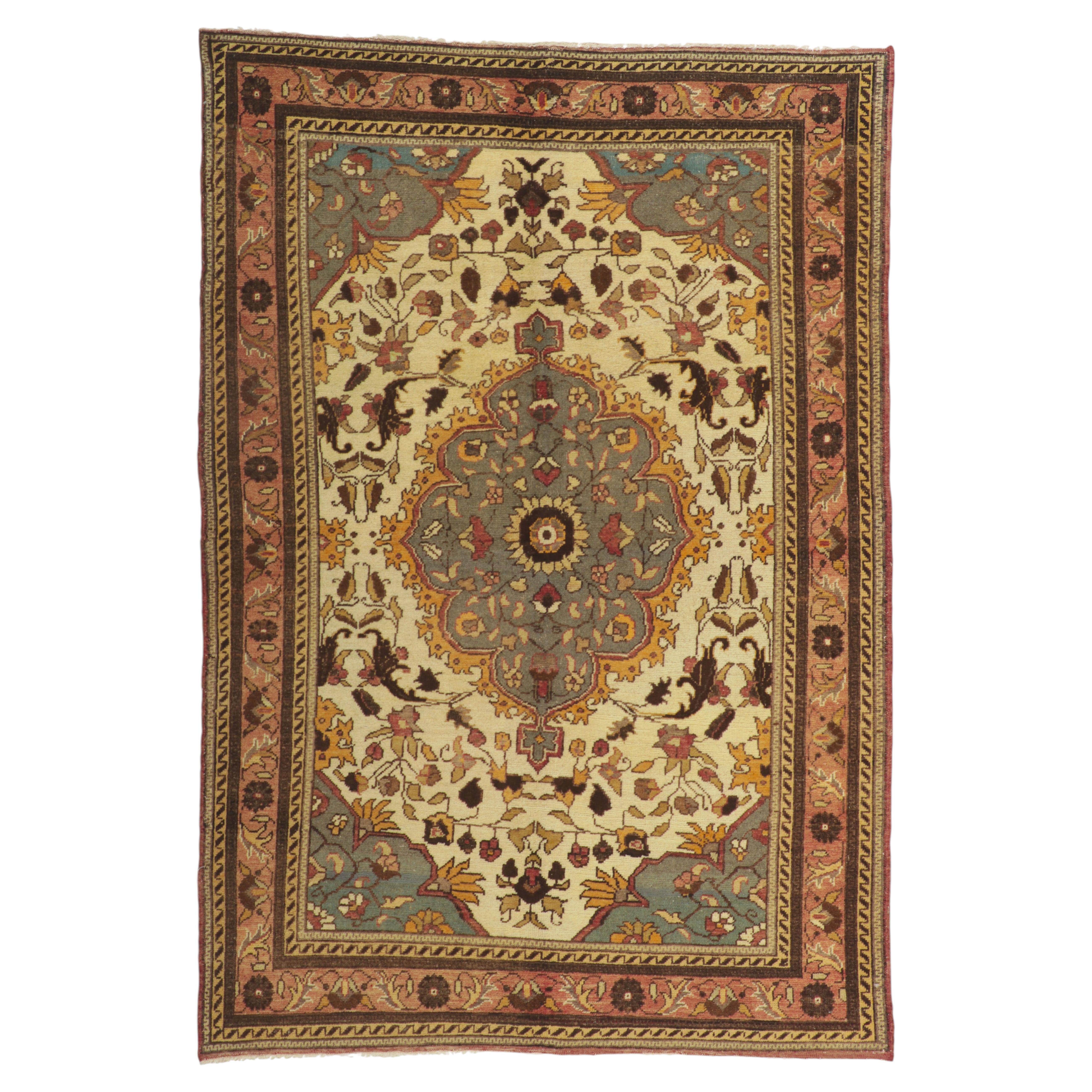The Lotus Sanctuary: A Vintage Turkish Oushak Masterpiece of Noble Harmony