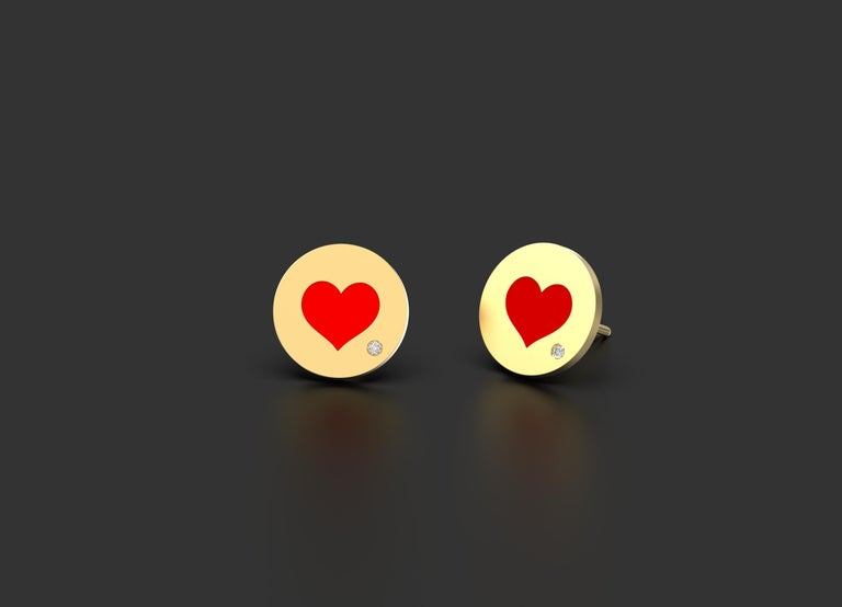 'The Love Heart with Diamonds' Stud Earrings, 14K Yellow Gold For Sale
