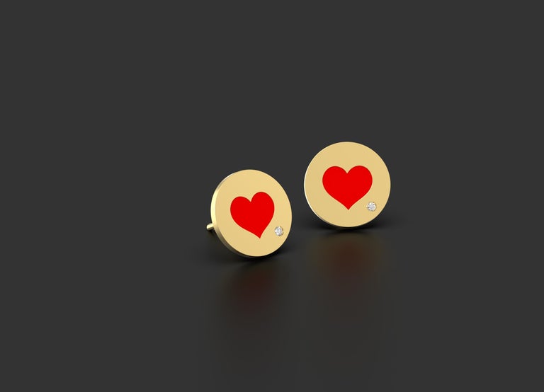 'The Love Heart with Diamonds' Stud Earrings, 14K Yellow Gold For Sale