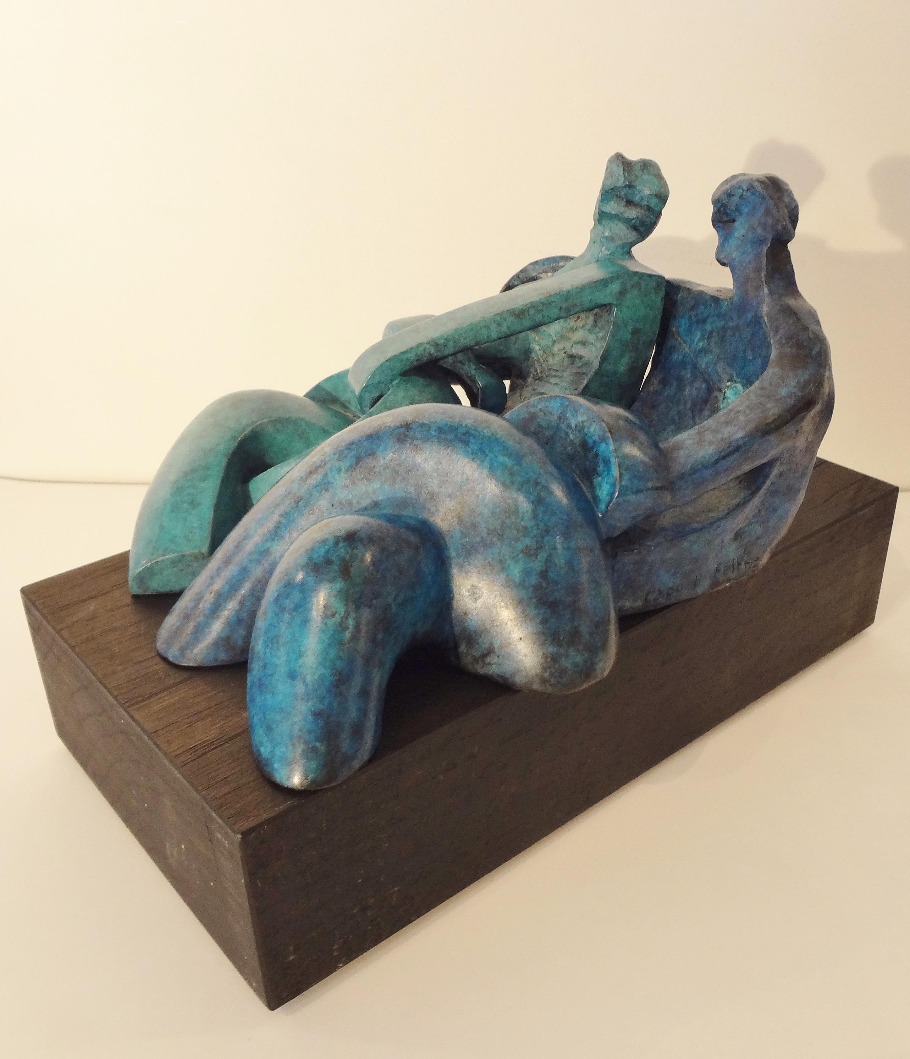 The lovers, Little couple, 2000s, by Capo du Feltre (1952 - )
Blue and turquese patinated bronze. Signed, numbered 3/8. Guastini Stamp.
on a wood base. 
Provenance : The artist's atelier.

Anne-Laure CAPO di FELTRE (1952 - )
first teaching at the