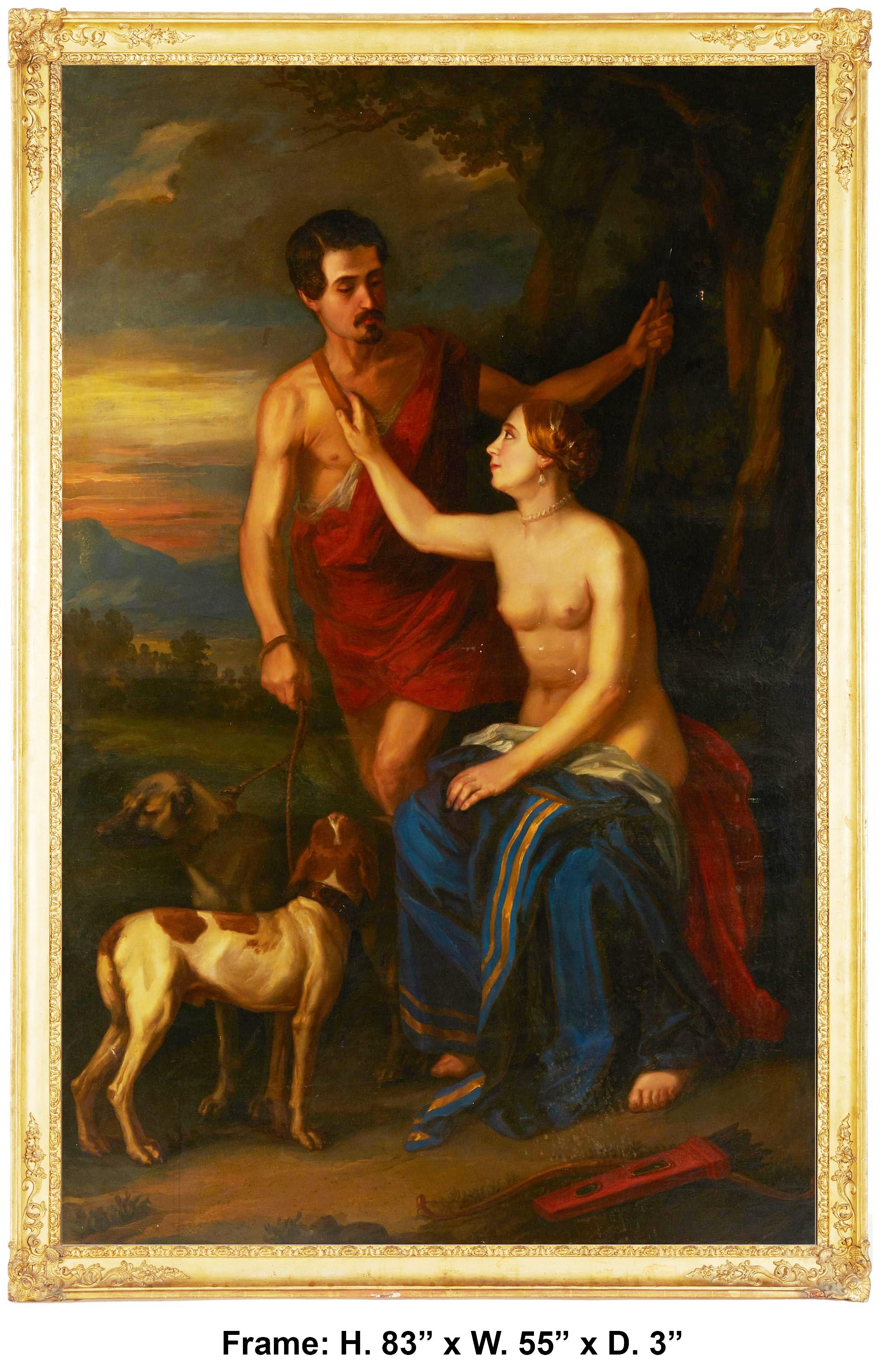 École espagnole du XVIIIe siècle 
Grande huile sur toile représentant deux amoureux avec un chien de chasse dans le style de l'école espagnole du XVIIIe siècle.
Semble non signé 
Sans cadre  78