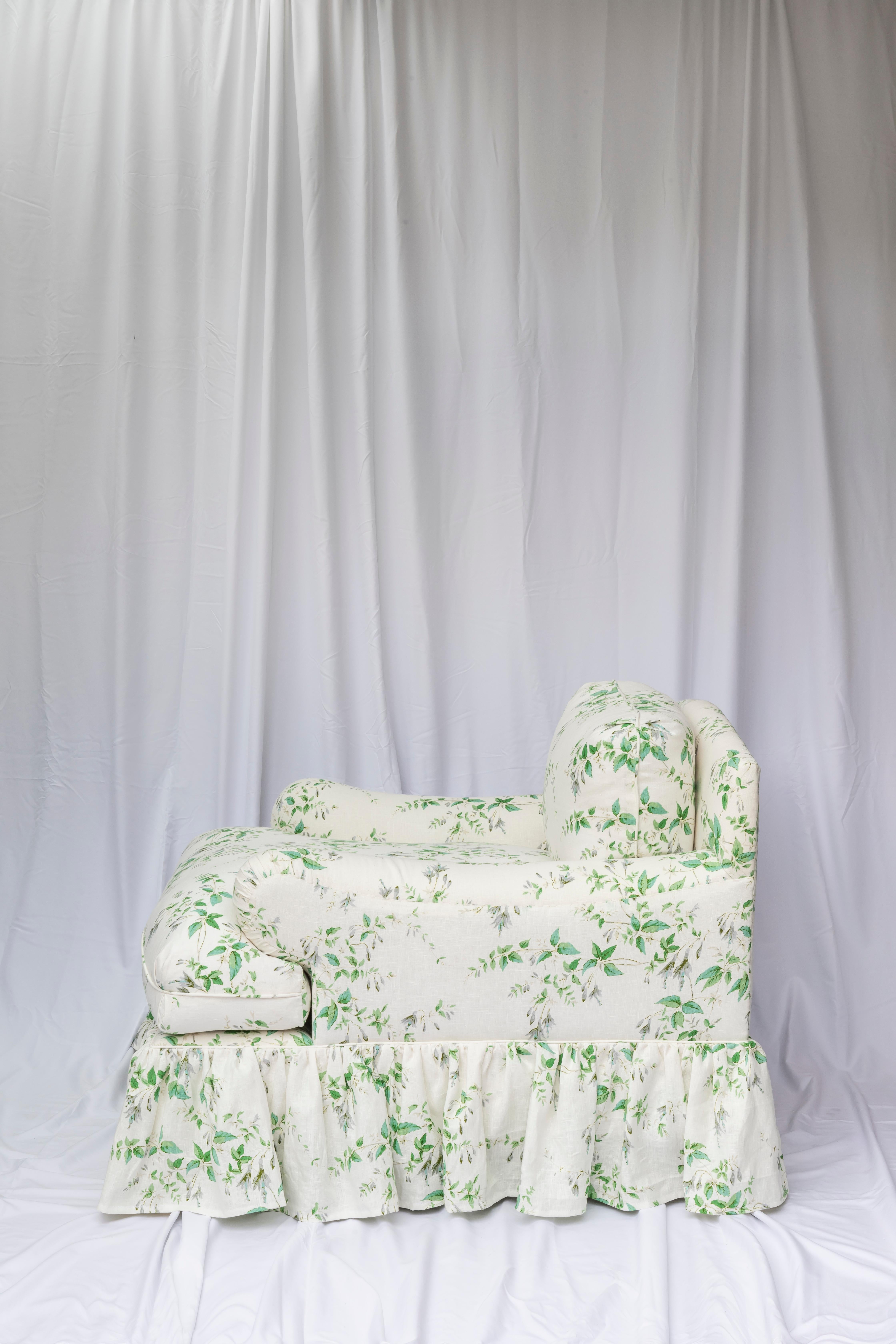 The Lucia armchair is a beauty – soft and pretty inside and out, she most definitely takes centre stage. She’s a girly joyful thing, a sort of chubby take on the traditional Howard. The scale is both bold and neat; with ample curves, English arms