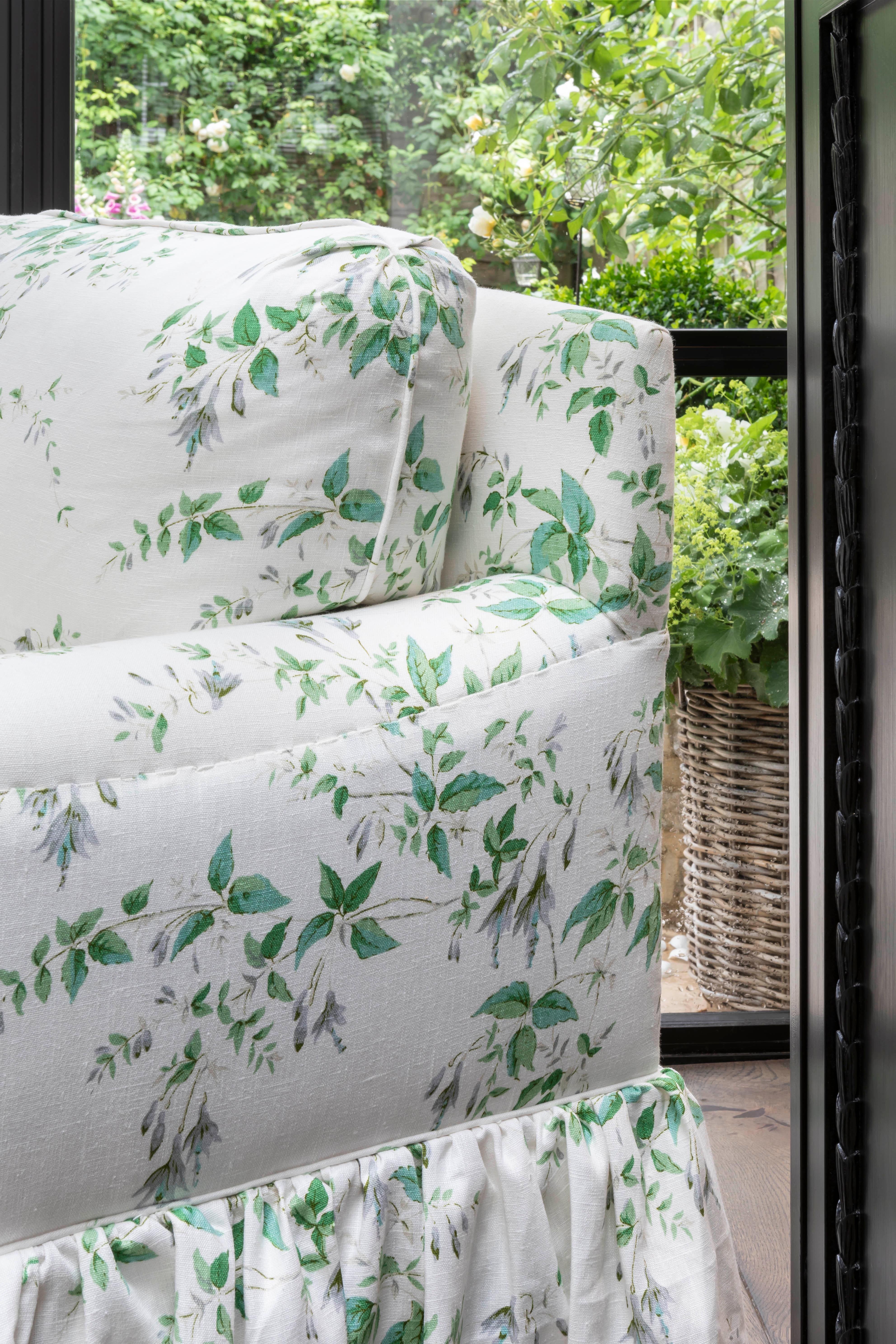 Hand-Crafted The Lucia Armchair, with frilled skirt, upholstered in Fuchsia Linen Silver Leaf For Sale