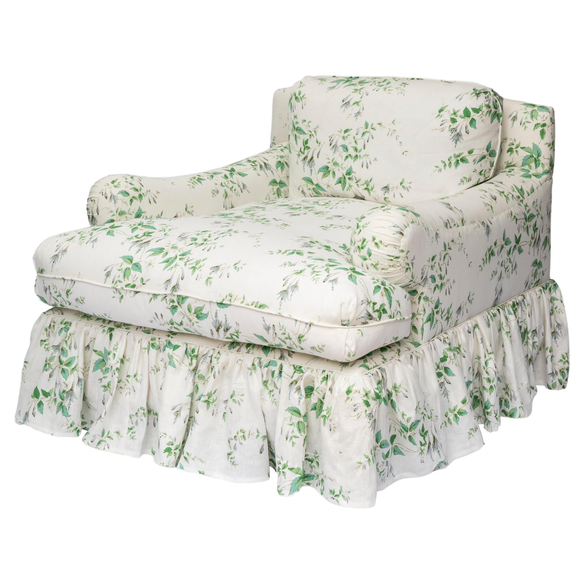 The Lucia Armchair, with frilled skirt, upholstered in Fuchsia Linen Silver Leaf For Sale