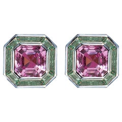 Luminous Asscher Stud Earrings, pink & green, 10kt White Gold