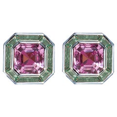 Luminous Asscher Stud Earrings, pink & green, 10kt White Gold