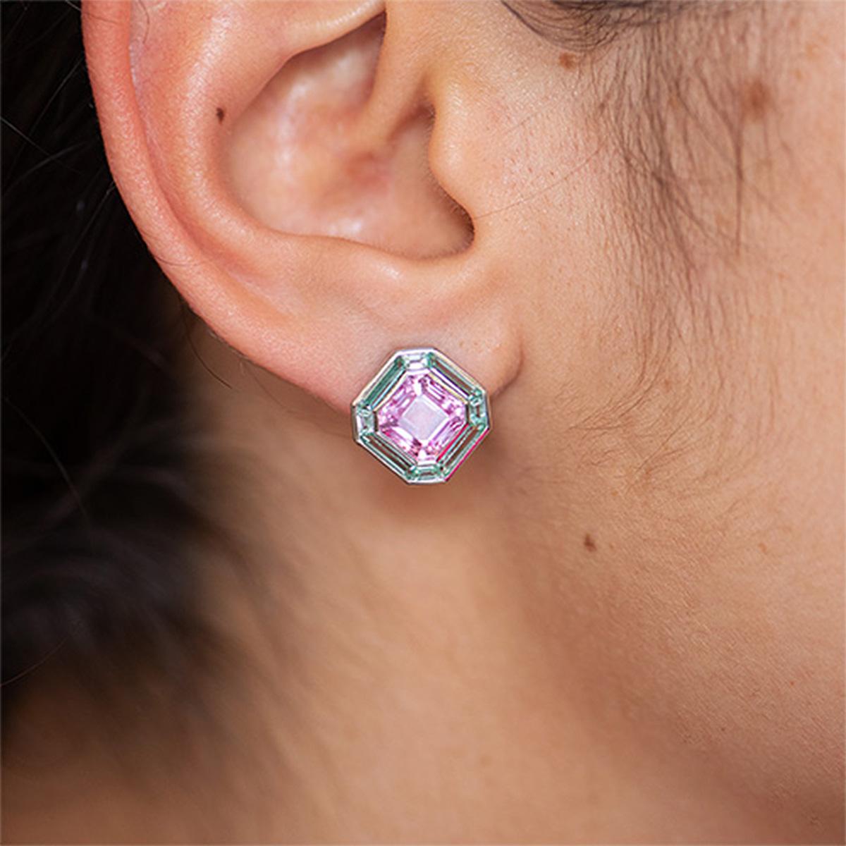 Art Deco Luminous Asscher Pink & Green Stud Earrings, 18kt White Gold, Custom Cut 5.40ct For Sale