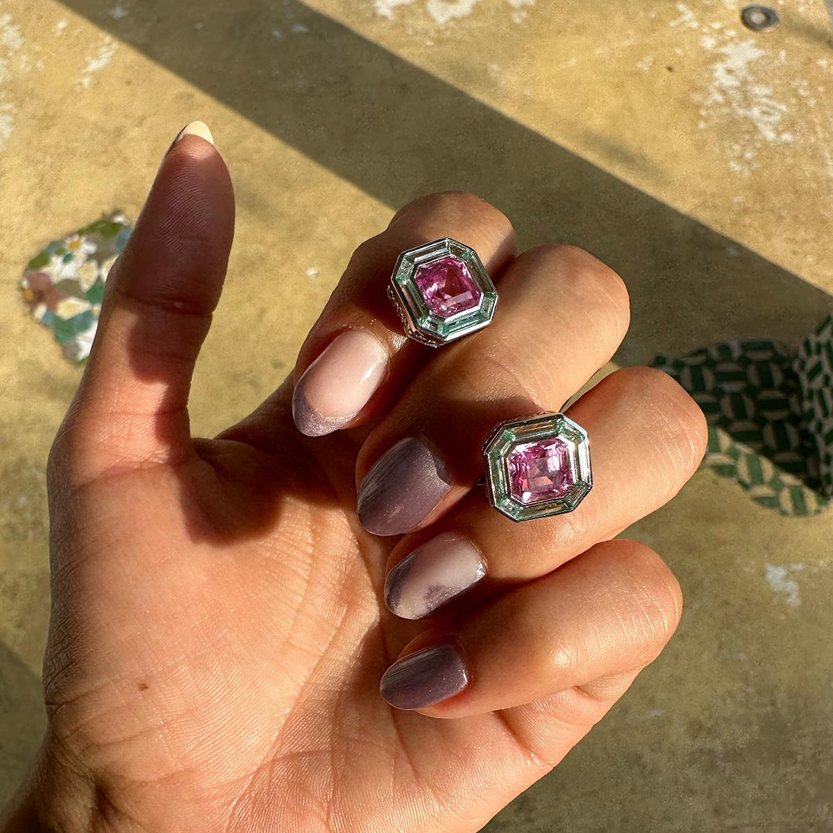 Asscher Cut Luminous Asscher Pink & Green Stud Earrings, 18kt White Gold, Custom Cut 5.40ct For Sale