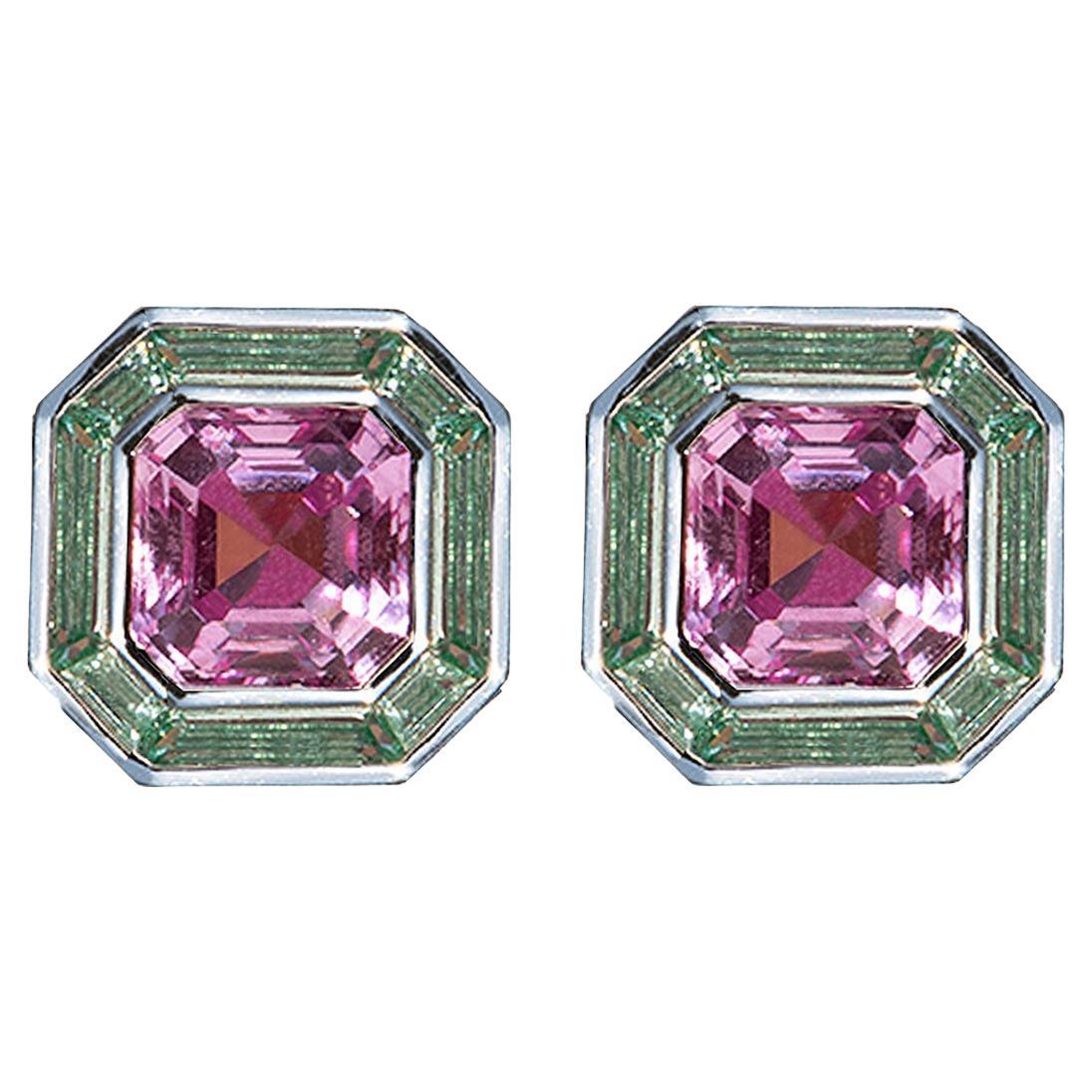 The Luminous Asscher Studs, Pink 
Green, Silver, 5.40ct For Sale