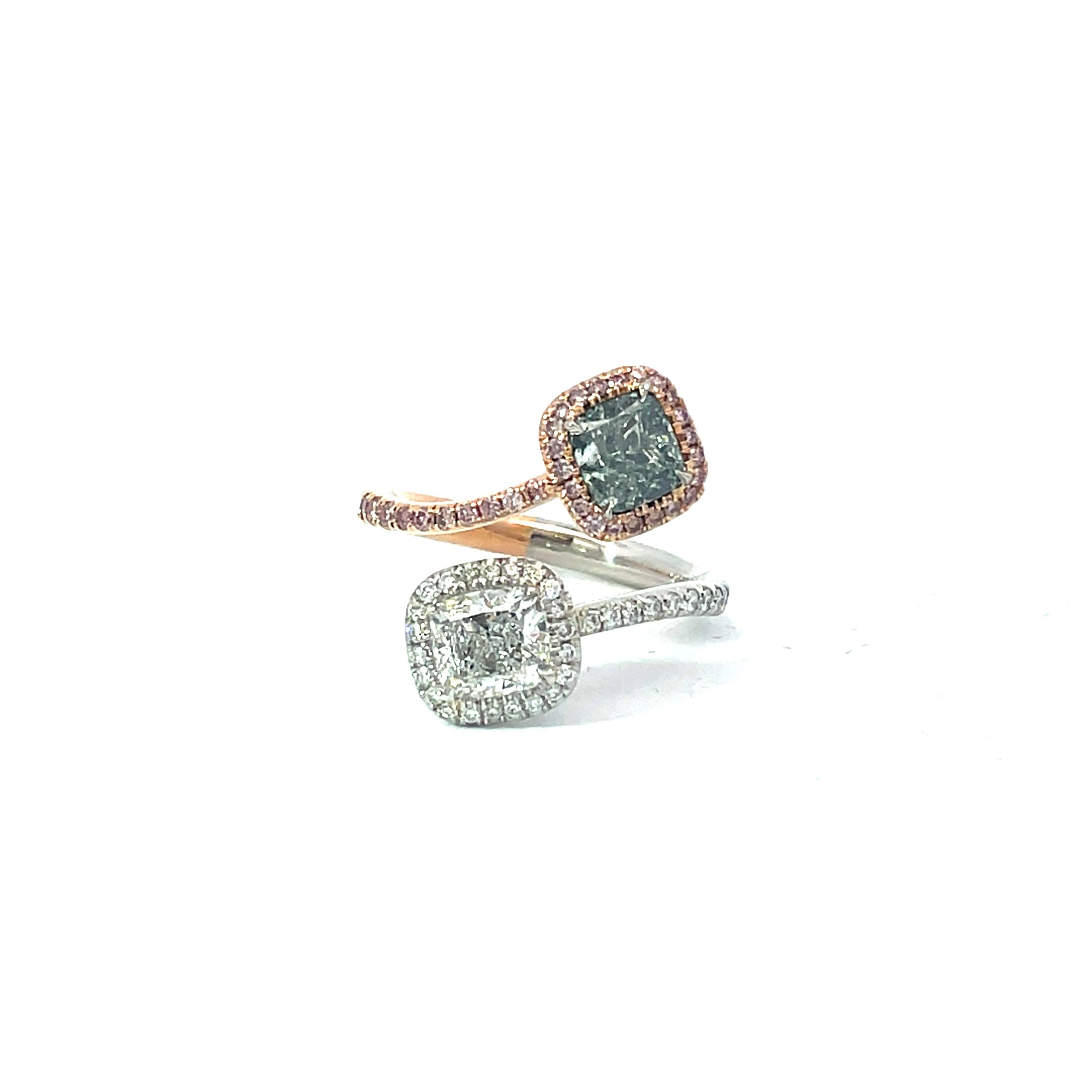 For Sale:  The luxurious 1ct Fancy Light Green Diamond and 1ct White Diamond Cushion Ring 6