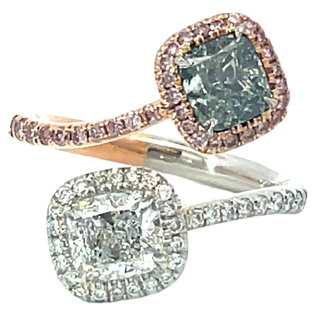For Sale:  The luxurious 1ct Fancy Light Green Diamond and 1ct White Diamond Cushion Ring