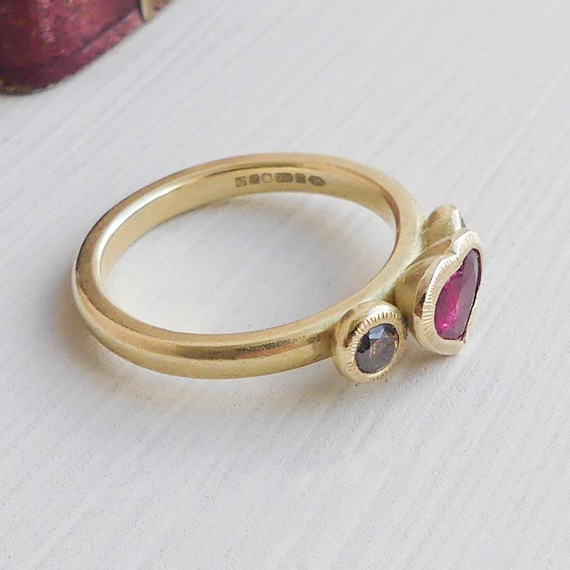Contemporary The Mab Ethical Engagement Ring 0.63 ct Ruby Heart 18ct Fairmined Gold Diamonds For Sale