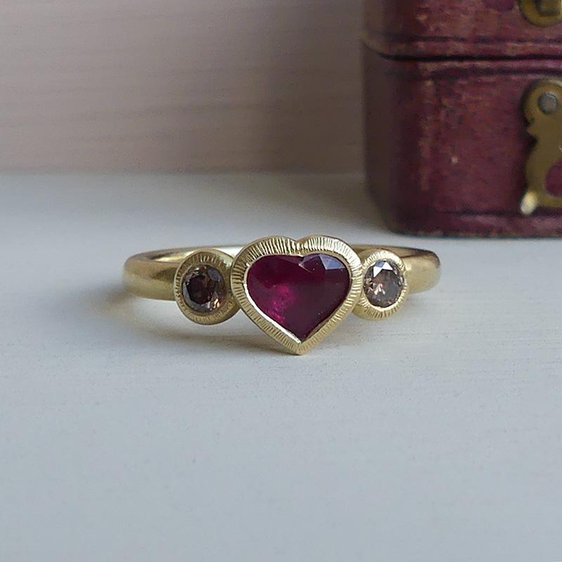 Heart Cut The Mab Ethical Engagement Ring 0.63 ct Ruby Heart 18ct Fairmined Gold Diamonds For Sale