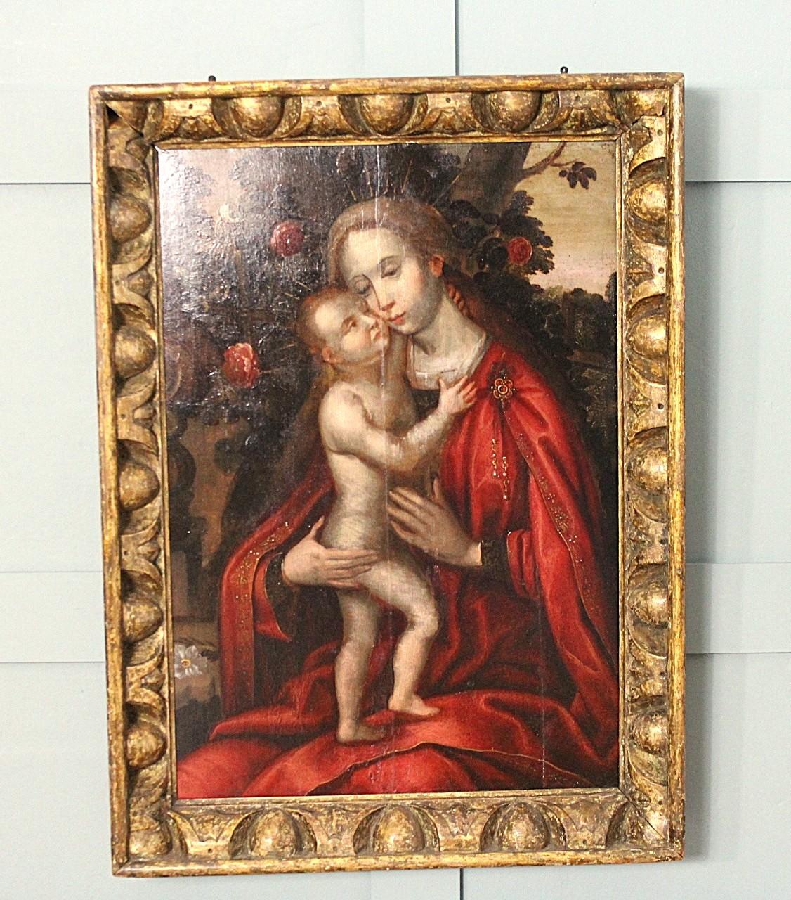 The Madonna and Child Oil Painting in a Rose Garden – Flemish (Ambrosius Benson School)
Late 16th Century/ Early 17th Century Flemish Oil Painting on Oak Panel
Artist & Background

This exquisite Flemish Renaissance Madonna and Child oil painting,