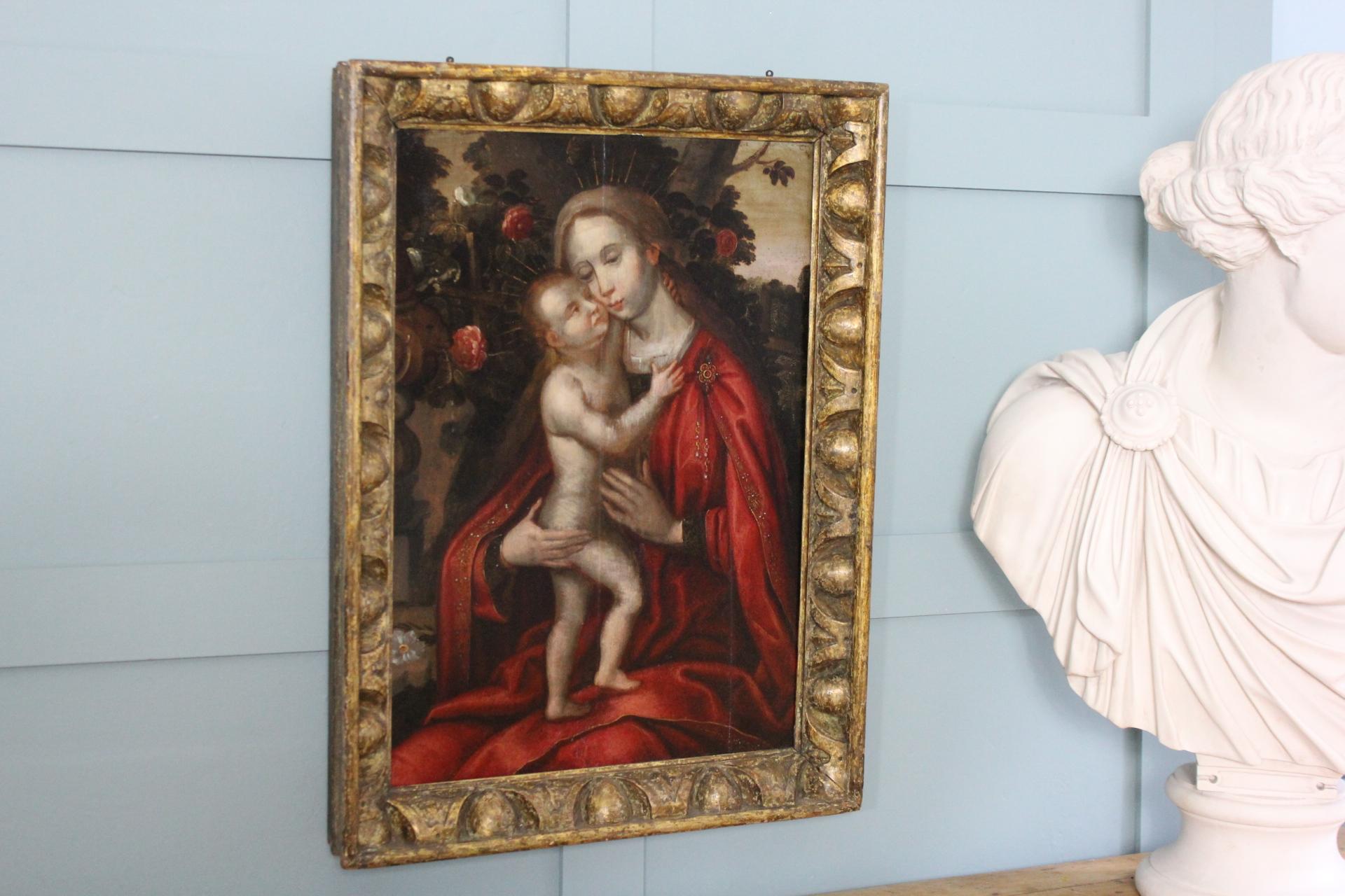 Oak Flemish 16th century Madonna in a Rose Garden For Sale