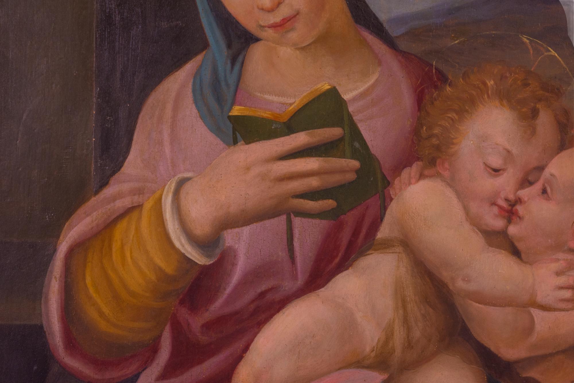 Dipinto a mano Madonna con Cristo Bambino e St. Johns, dipinta a mano in vendita