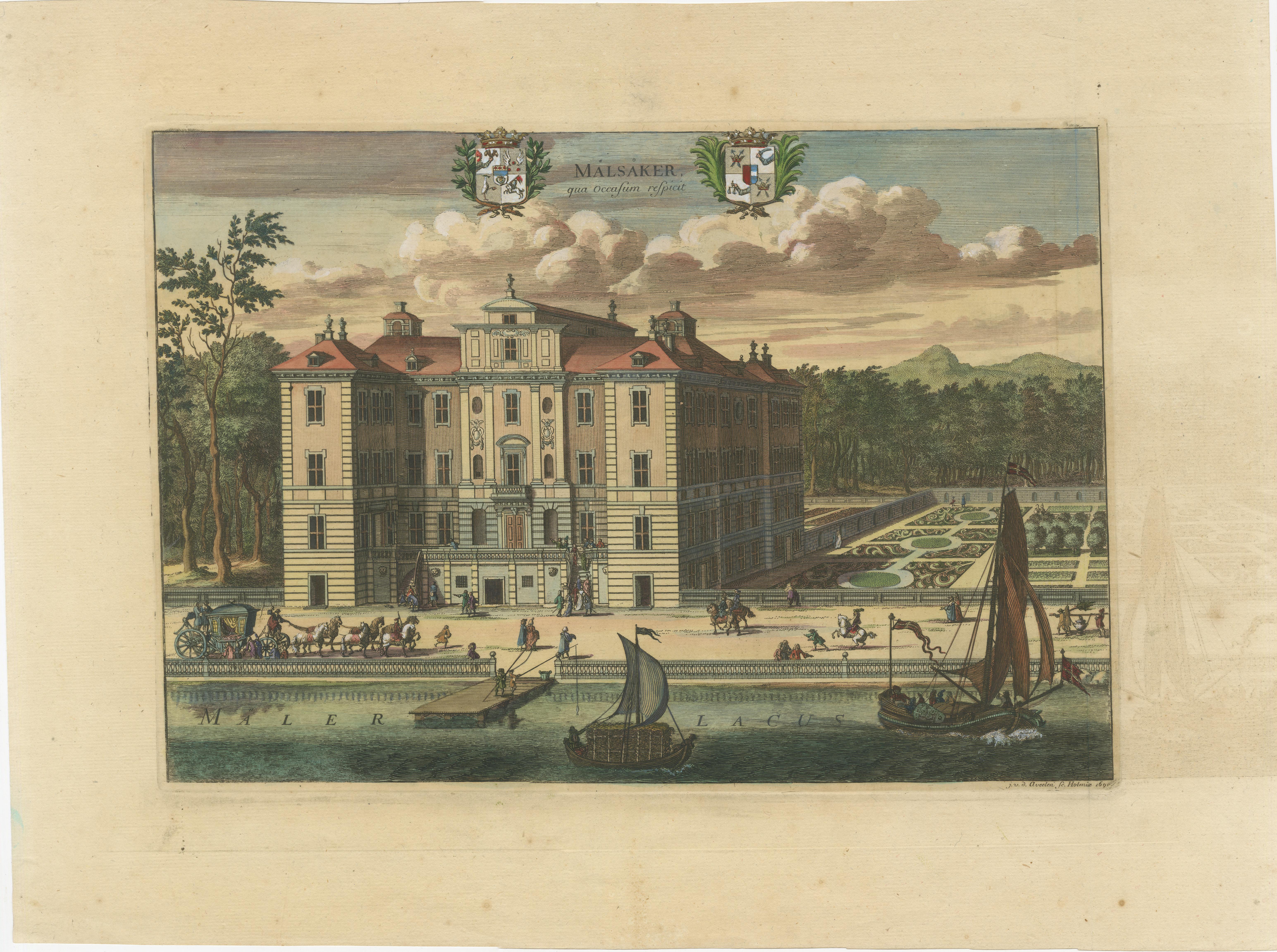 The image is a hand-colored engraving depicting the Mälsåker manor, located near Strängnäs in Södermanland, Sweden. Above the image, two coats of arms are displayed, likely indicating the noble families associated with the manor. The engraving is a