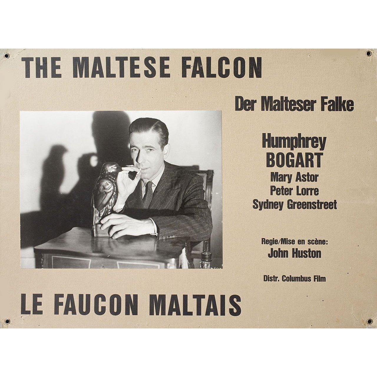 Original 1970s Swiss scene card for the first Swiss theatrical release of the 1941 film The Maltese Falcon directed by John Huston with Humphrey Bogart / Mary Astor / Gladys George / Peter Lorre. Very good-fine condition. Please note: the size is