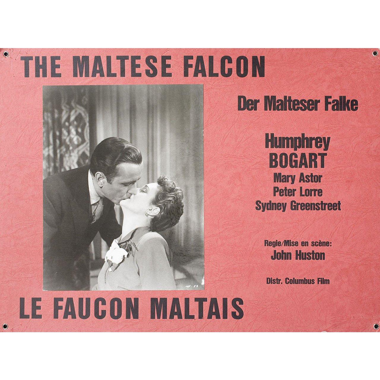 Original 1970s Swiss scene card for the first Swiss theatrical release of the 1941 film The Maltese Falcon directed by John Huston with Humphrey Bogart / Mary Astor / Gladys George / Peter Lorre. Very good-fine condition. Please note: the size is