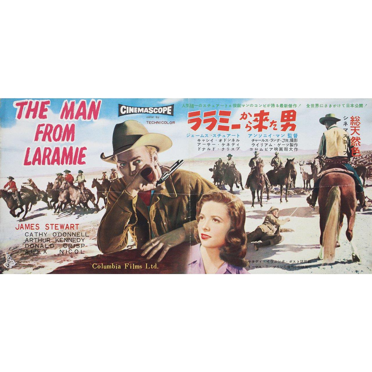 Original 1955 Japanese press poster for the film The Man from Laramie directed by Anthony Mann with James Stewart / Arthur Kennedy / Donald Crisp / Cathy O'Donnell. Very Good-Fine condition, folded. Many original posters were issued folded or were