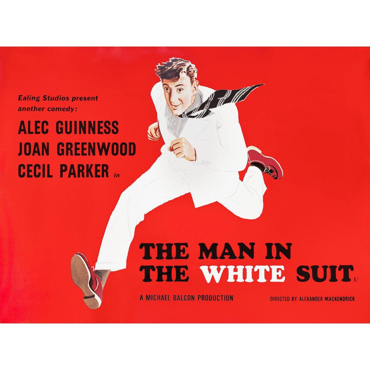 Original 1980s re-release British quad poster by A.R. Thomson / S. John Woods for the 1951 film The Man in the White Suit directed by Alexander Mackendrick with Alec Guinness / Joan Greenwood / Cecil Parker / Michael Gough. Very Good-Fine condition,