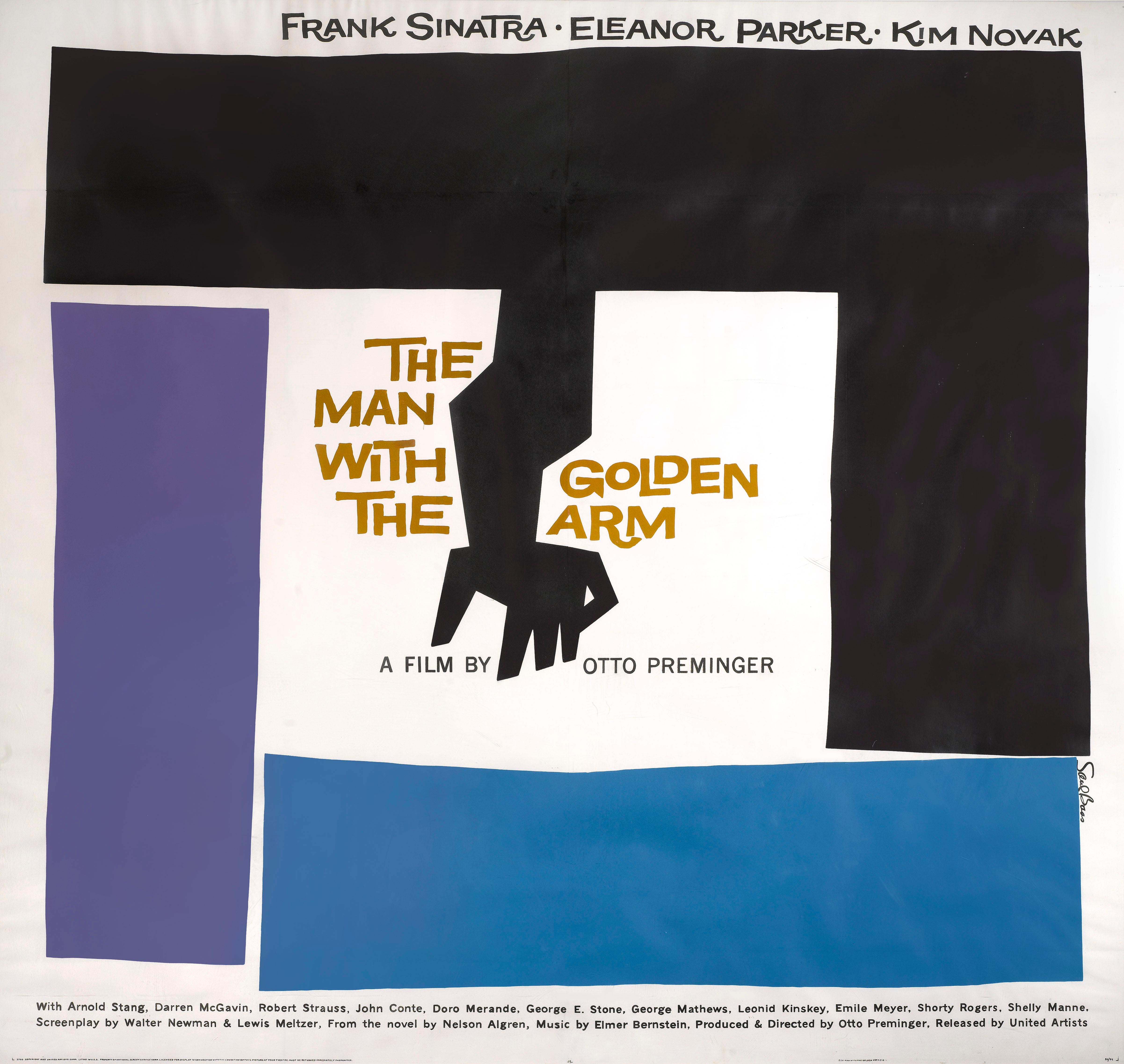 Original US Film poster Otto Preminger's The Man with the Golden Arm, 1955.
When it comes to graphic artists, the name Saul Bass is as big as they come. In the 1950s, however, when Bass was already well into his career, his name did not yet hold