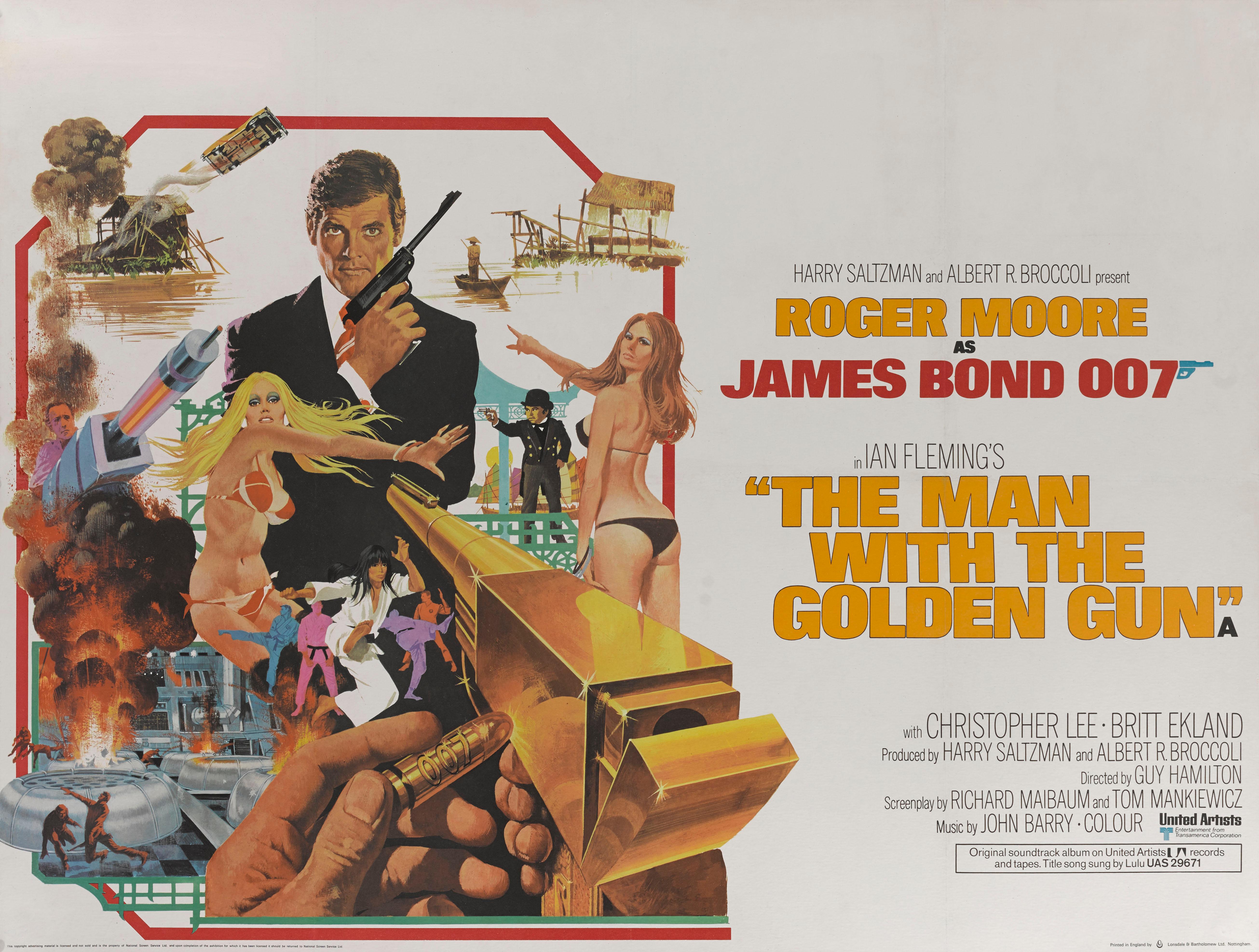 Original British film poster for the 1974 The Man with the Golden Gun.
This is the second time that Roger Moore played James Bond, and the fourth and final time that Guy Hamilton would direct a Bond film. Christopher Lee plays the villain Francisco
