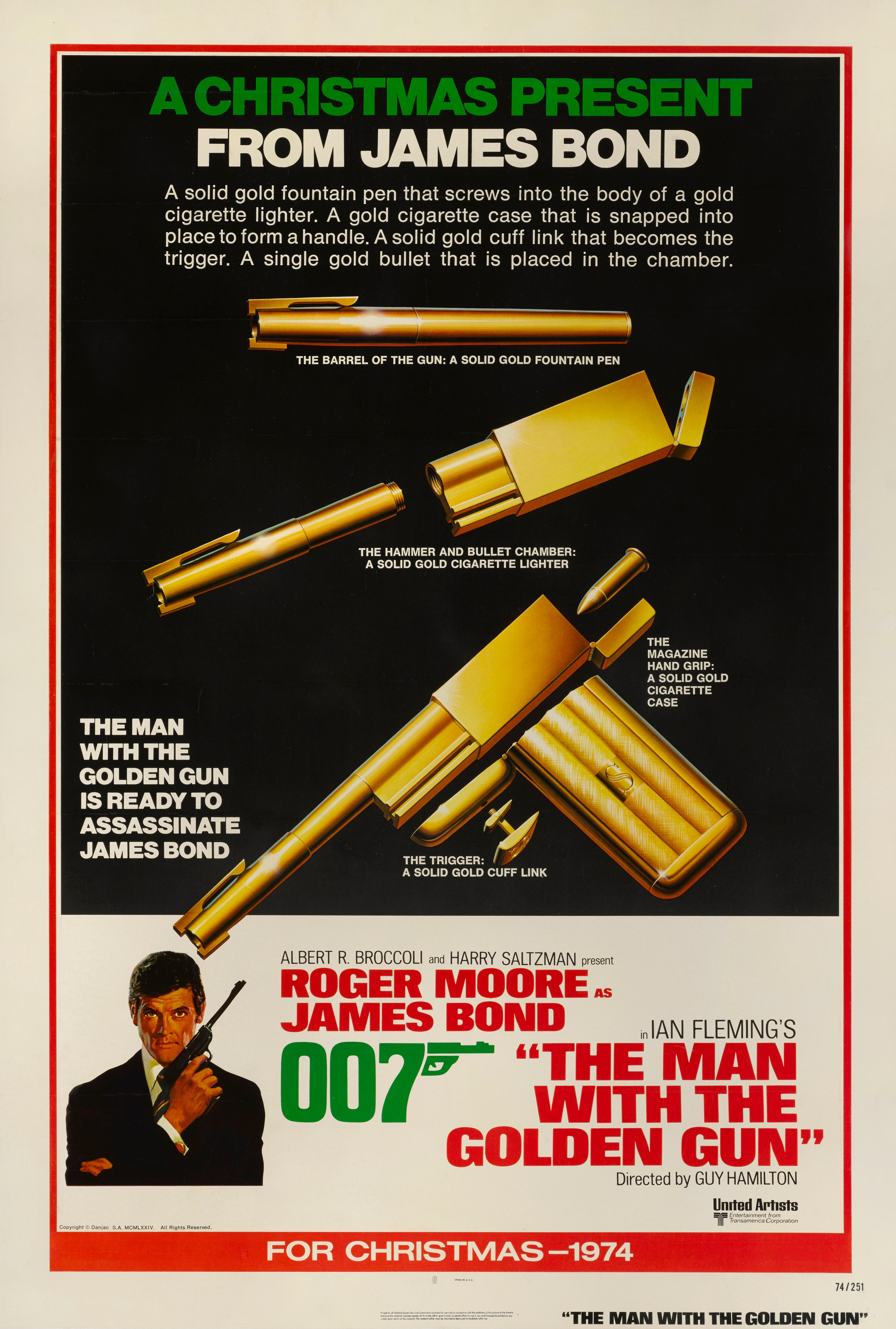 Original US Style Christmas advance style film poster for the 1974 The Man with the Golden Gun.
This is the second time that Roger Moore played James Bond, and the fourth and final time that Guy Hamilton would direct a Bond film. Christopher Lee