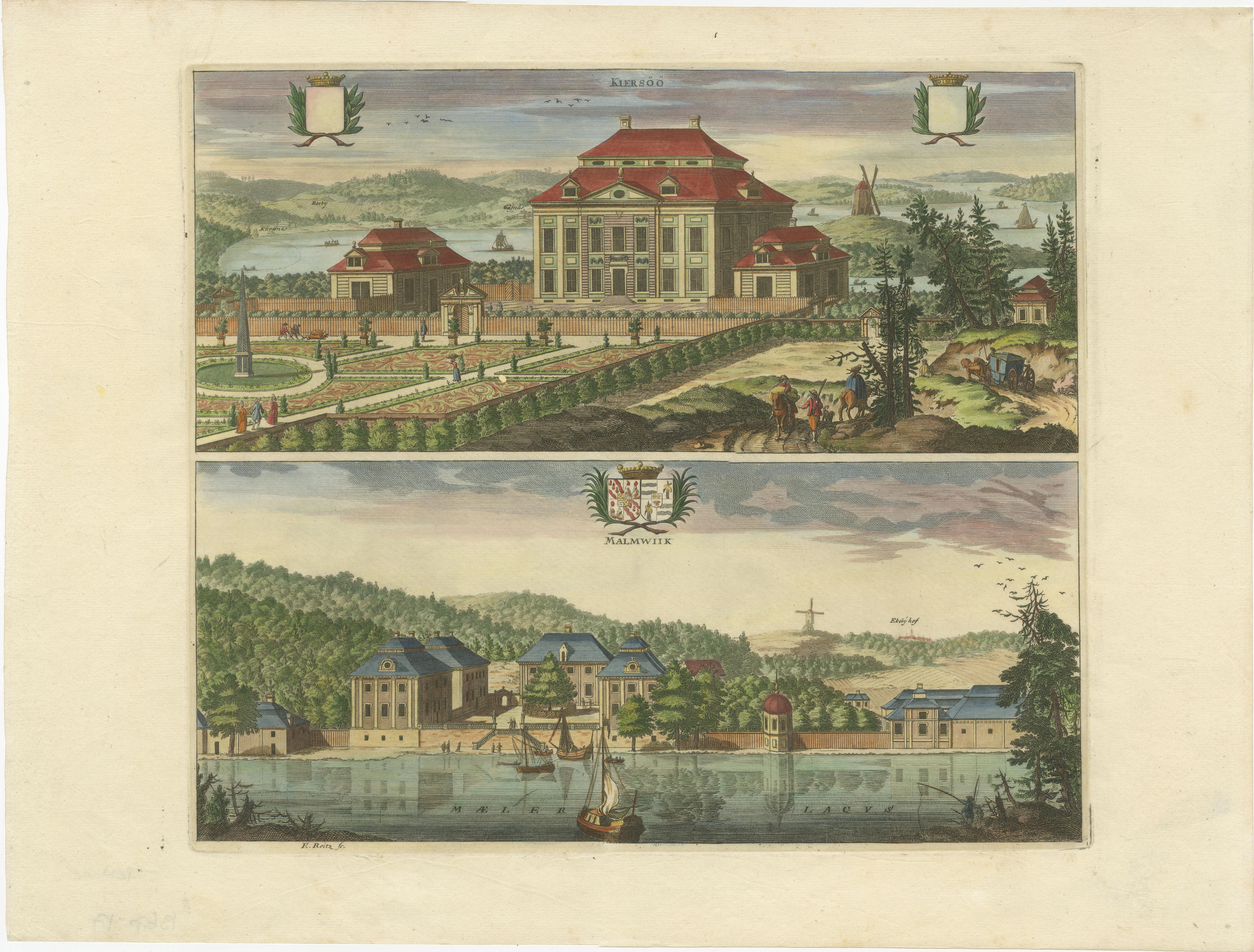 The manors depicted in this original antique engraving, Kärsö and Malmvik, are located in Sweden.

The image is a copper engraving from the famous work 