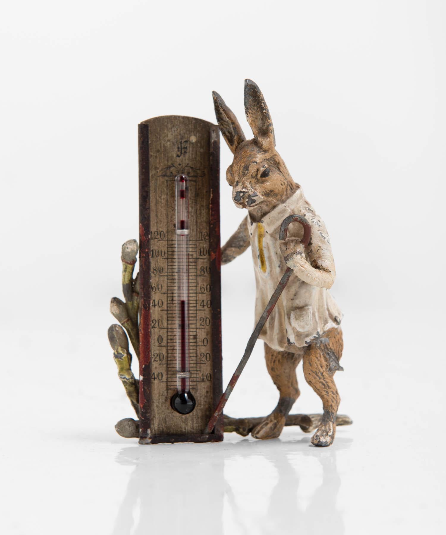 The March Hare barometer, Austria, 19th century.

Cast metal cold painted Austrian Hare with functional barometer.