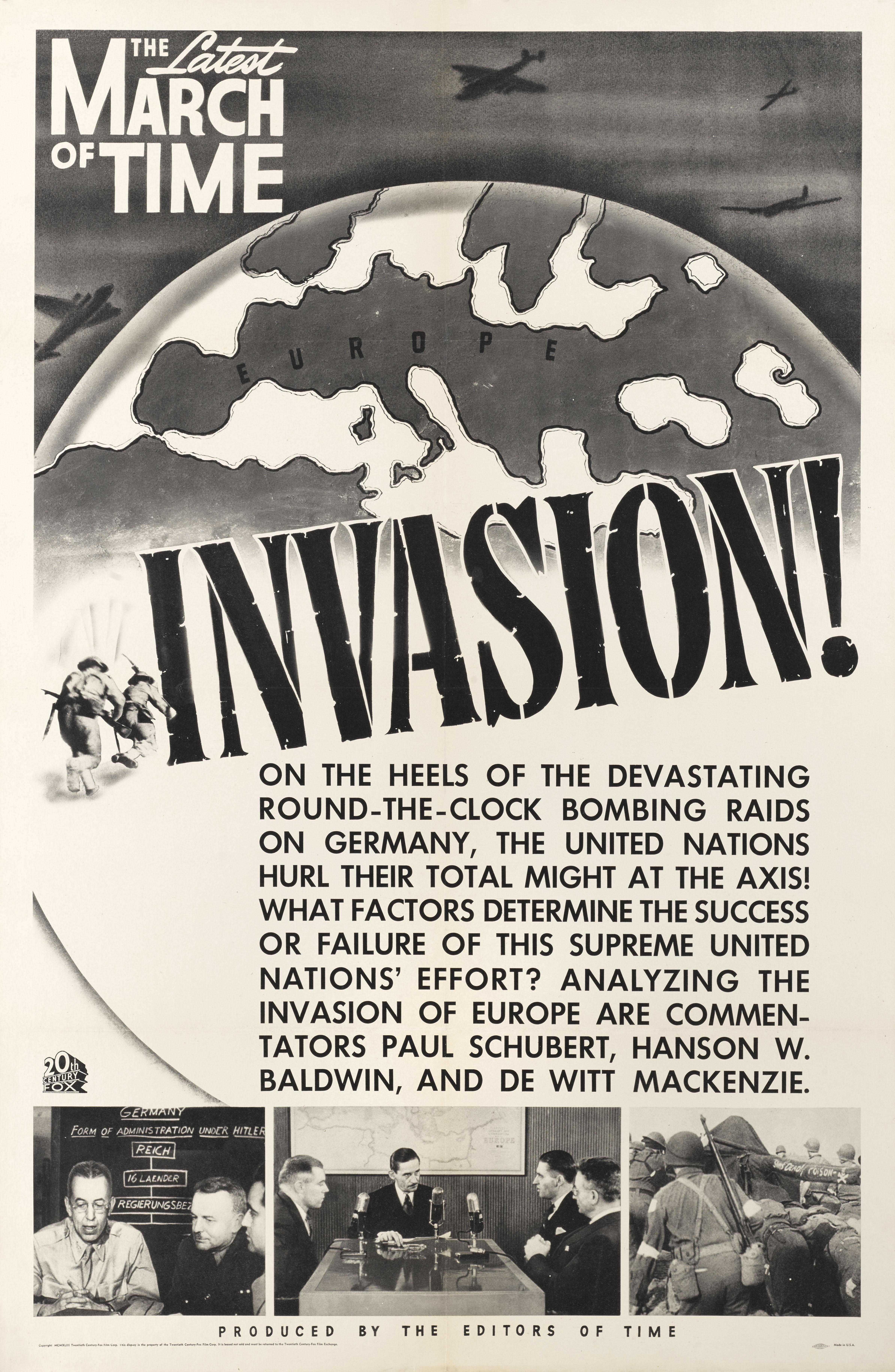 Original US poster for the 1943 World War II March of Time military documentary.
This was the produced by the editors of Time and shown in cinamas before the main showing.
This poster is conservation linen backed and would be shipped rolled in a